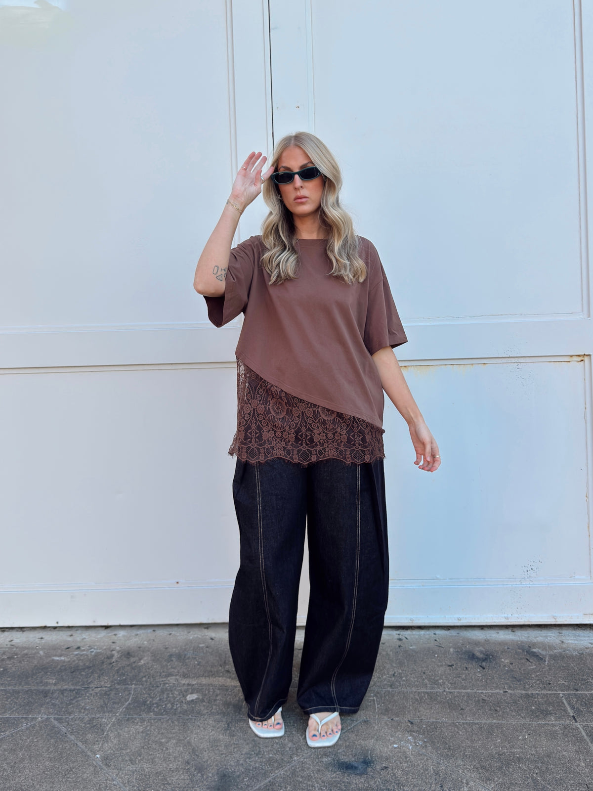 Jacqueline Lace Asymmetrical Tee - Brown