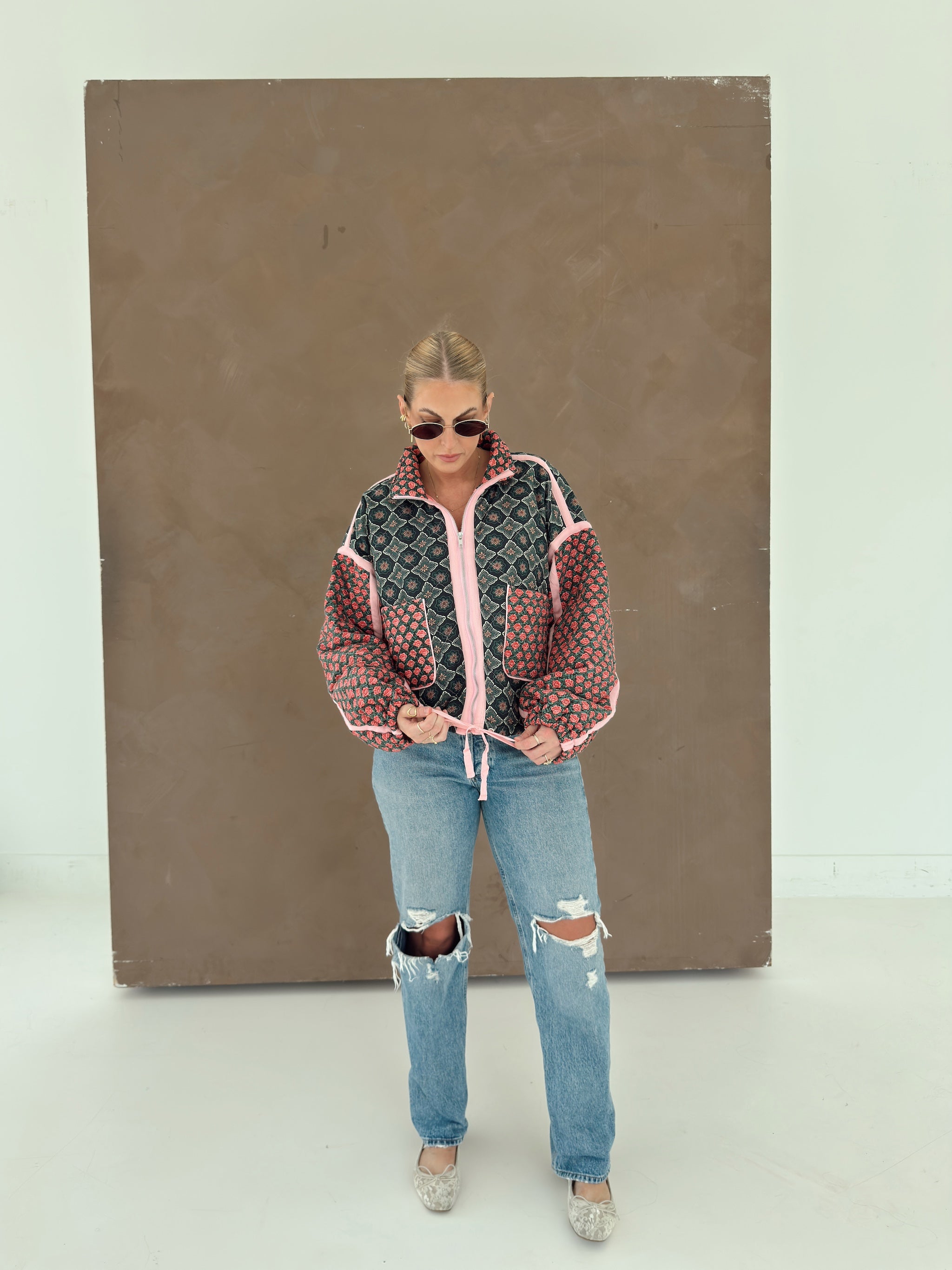 Quinn Quilted Bomber Jacket in Rose Garden