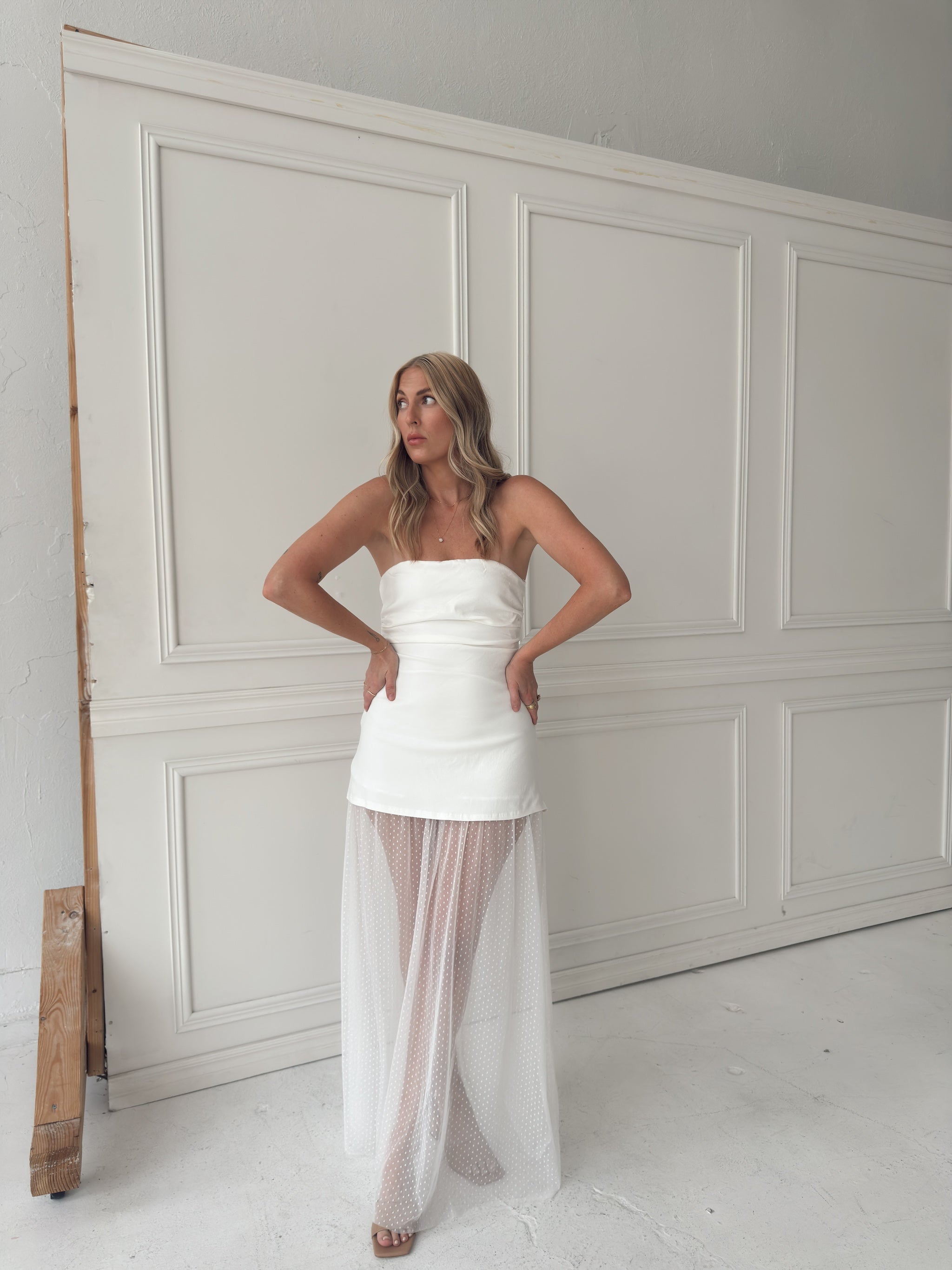 Melissa Strapless Mesh Maxi Dress - White