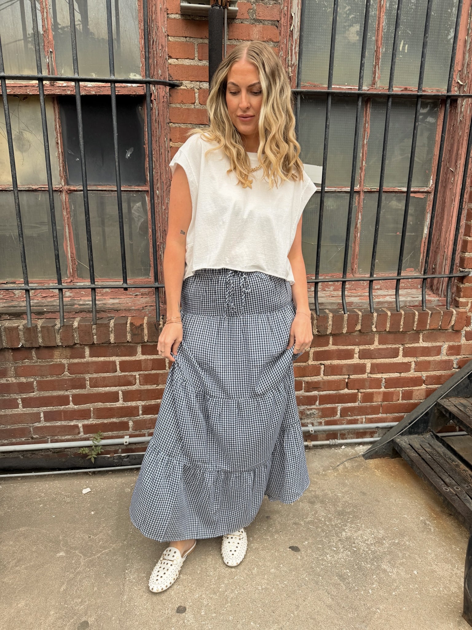 Henley Gingham Tiered Maxi Skirt
