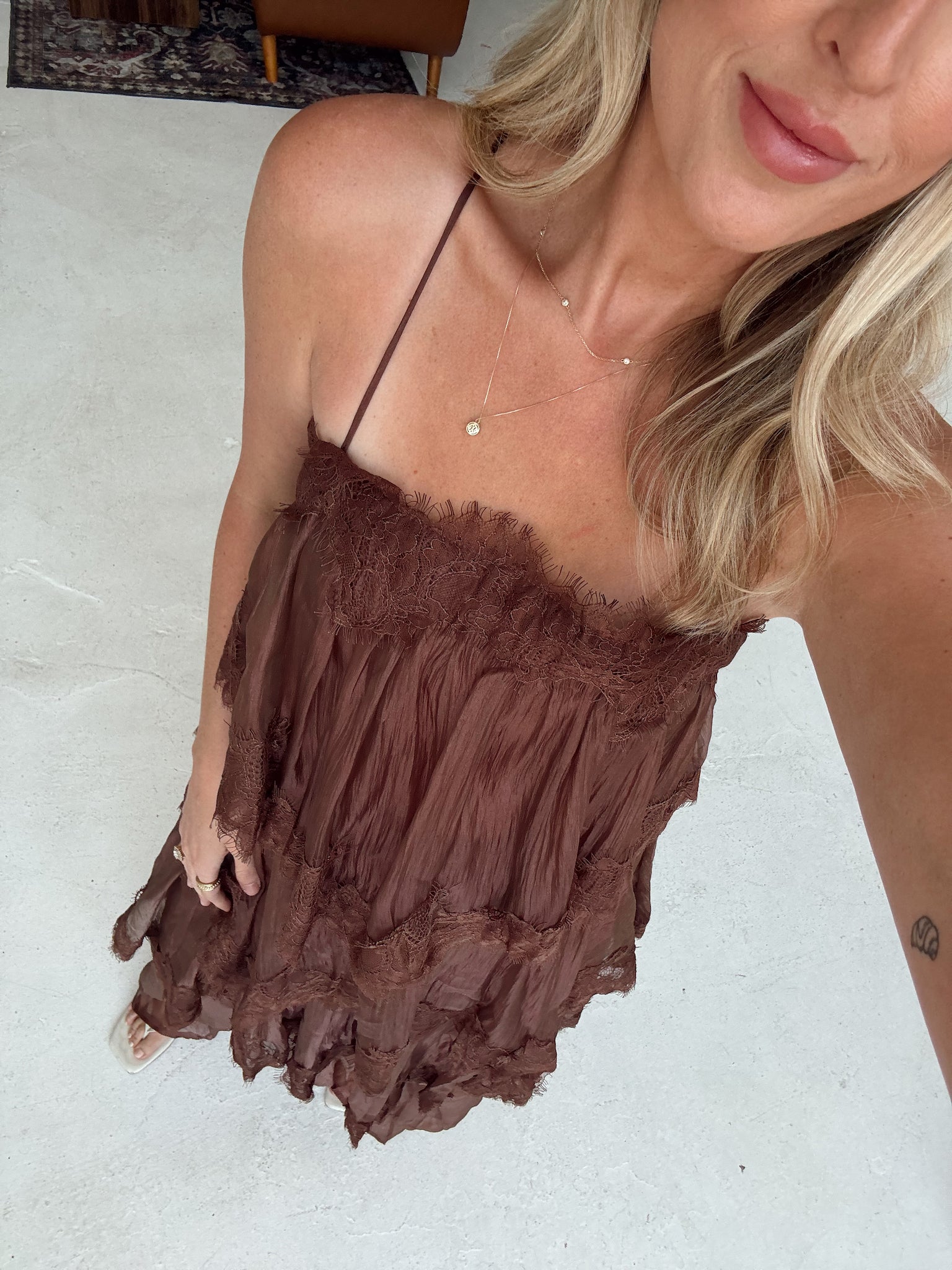 Beulah Style Tiered Lace Trim Maxi Slip Dress