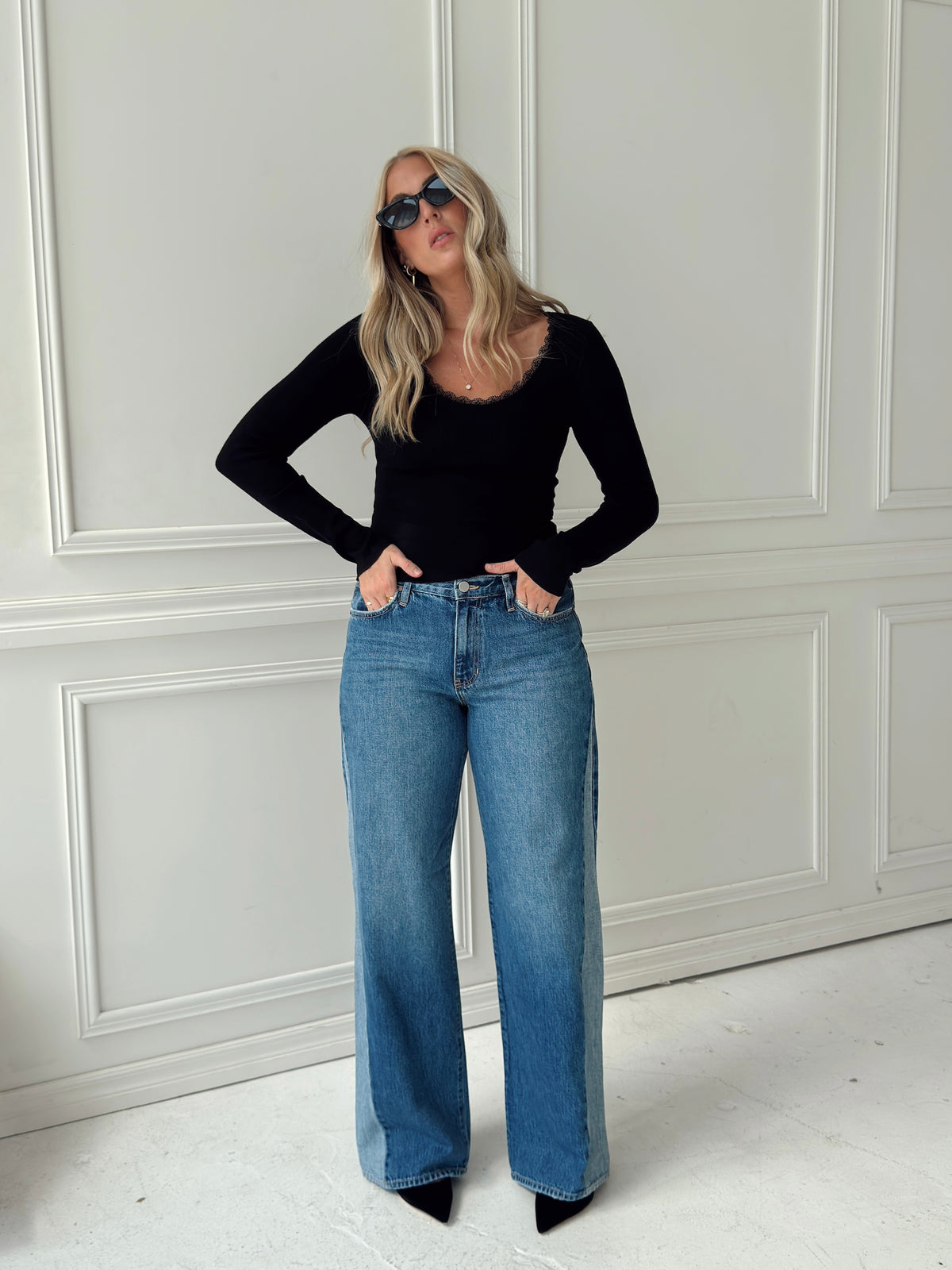 Presley Pointelle Rib Knit Sweater - Black
