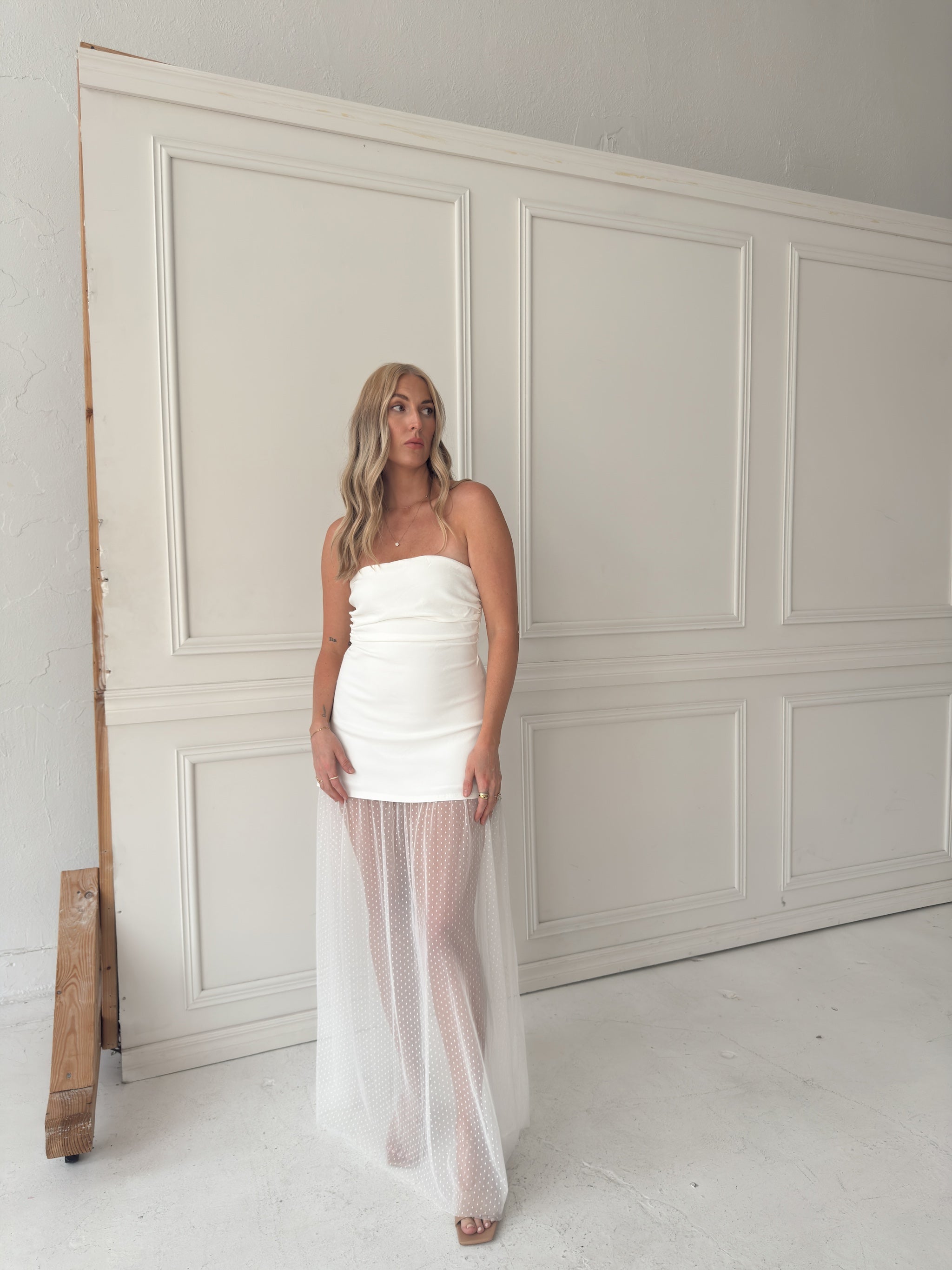 Melissa Strapless Mesh Maxi Dress - White