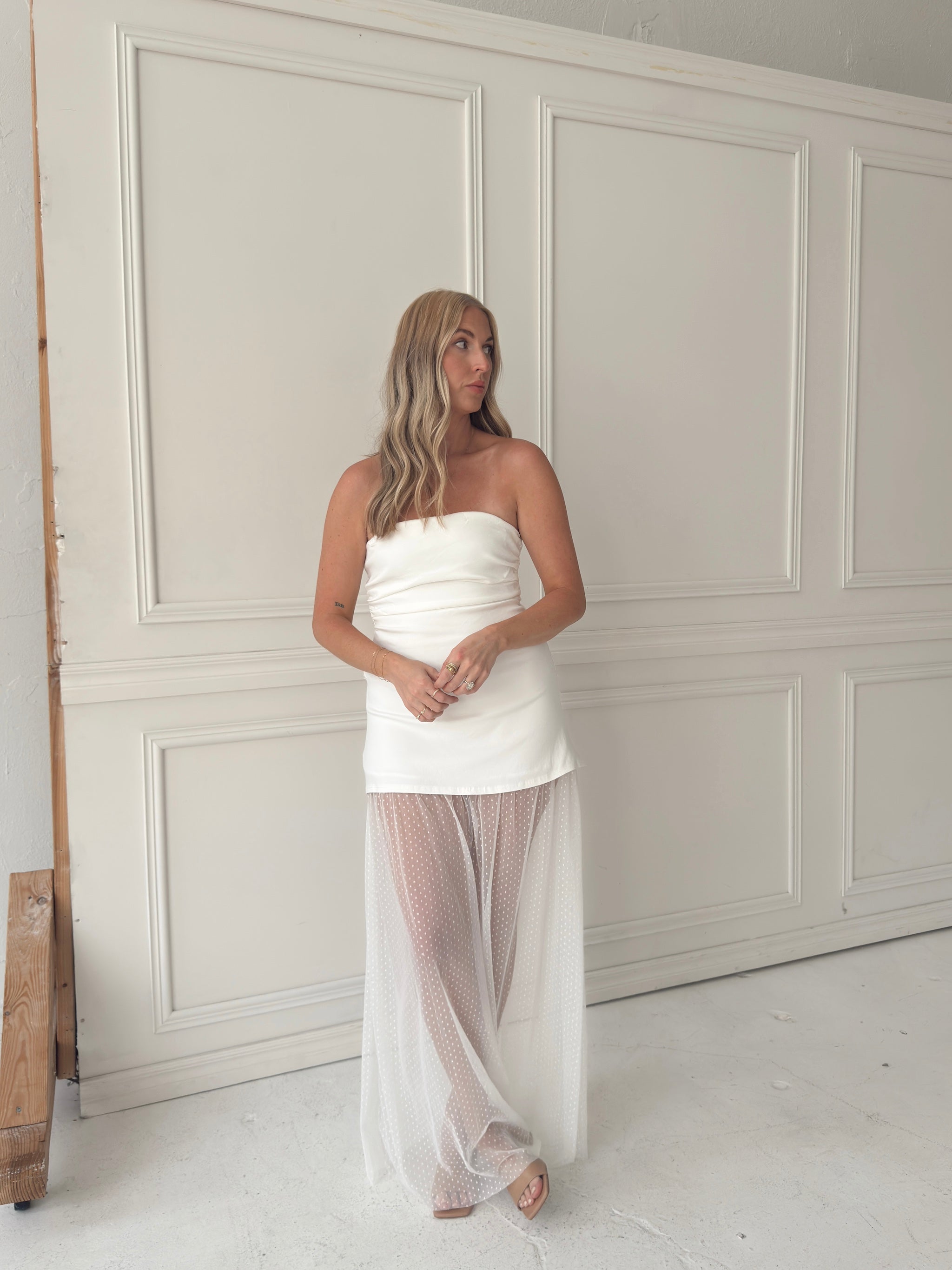 Melissa Strapless Mesh Maxi Dress - White
