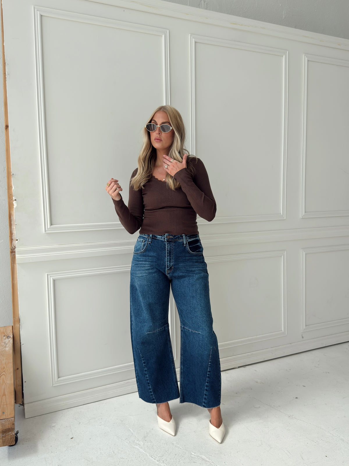 Presley Pointelle Rib Knit Sweater - Brown