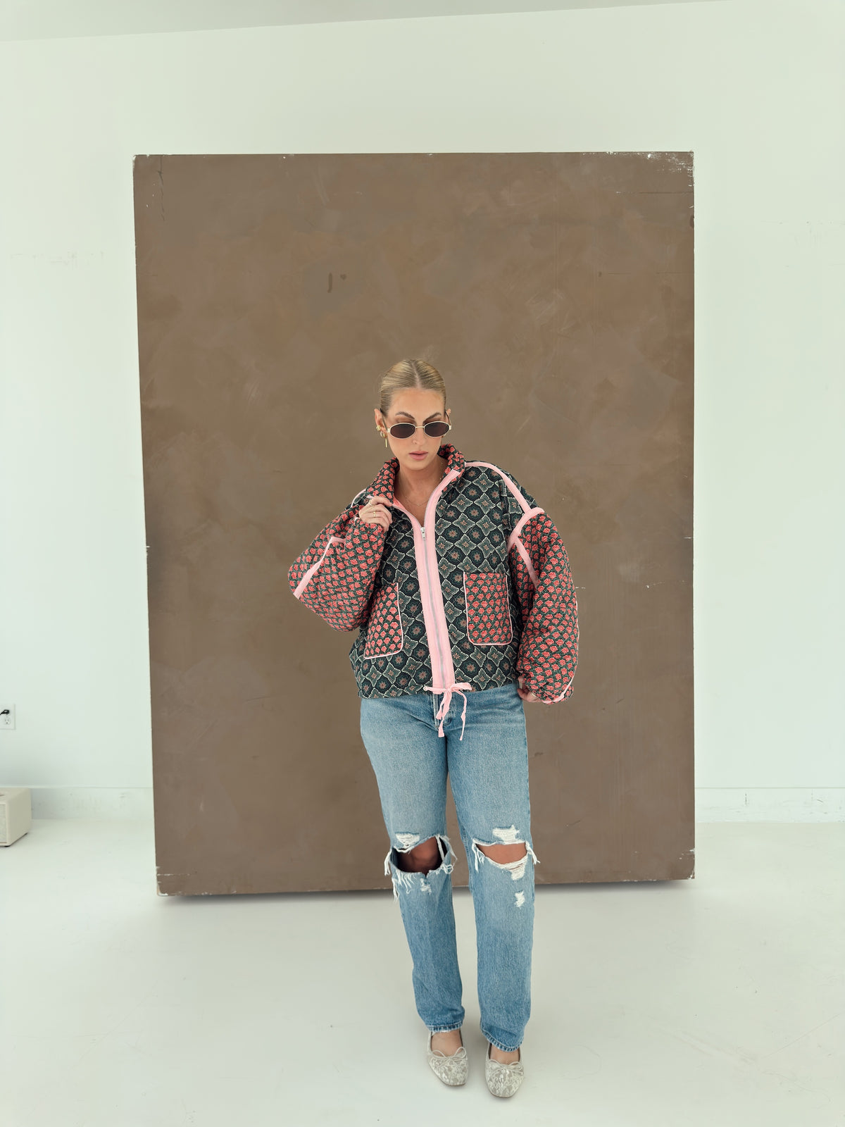Quinn Quilted Bomber Jacket in Rose Garden