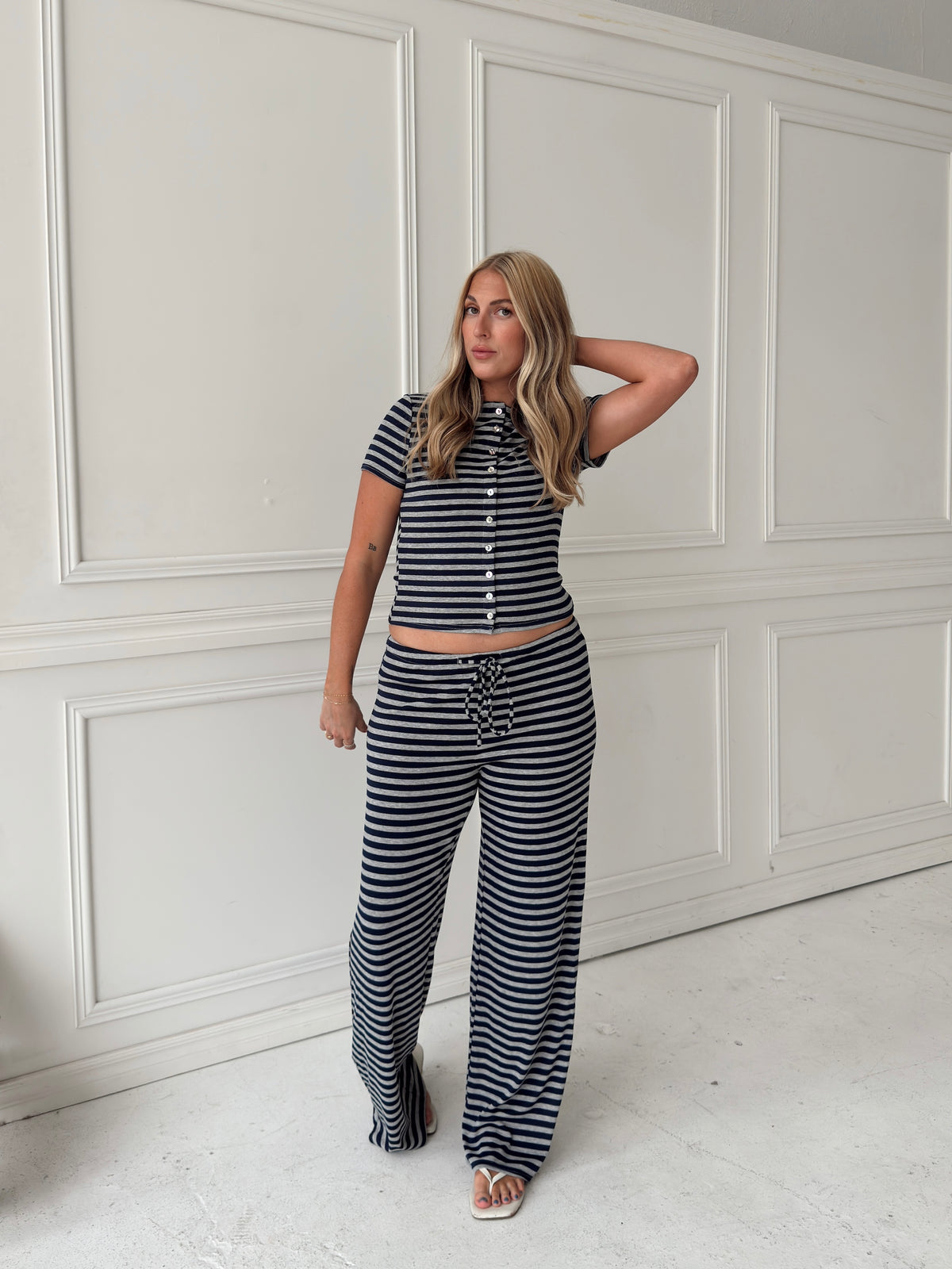 Brady Striped Button Up Top - Navy/Grey