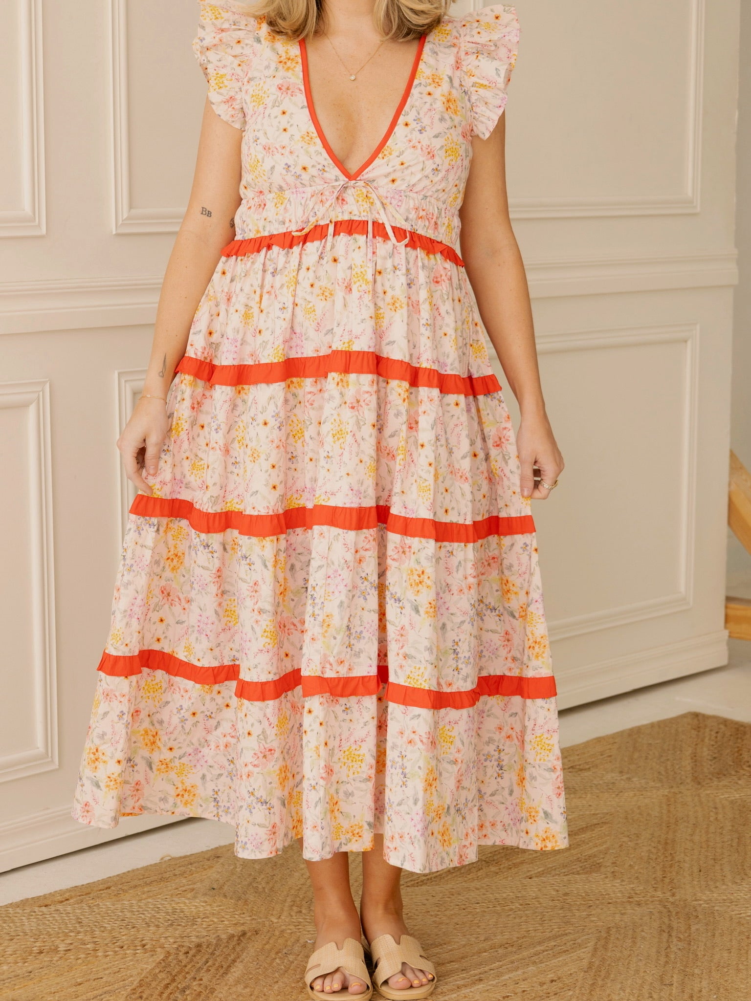 Pink Contrast Floral Midi Dress