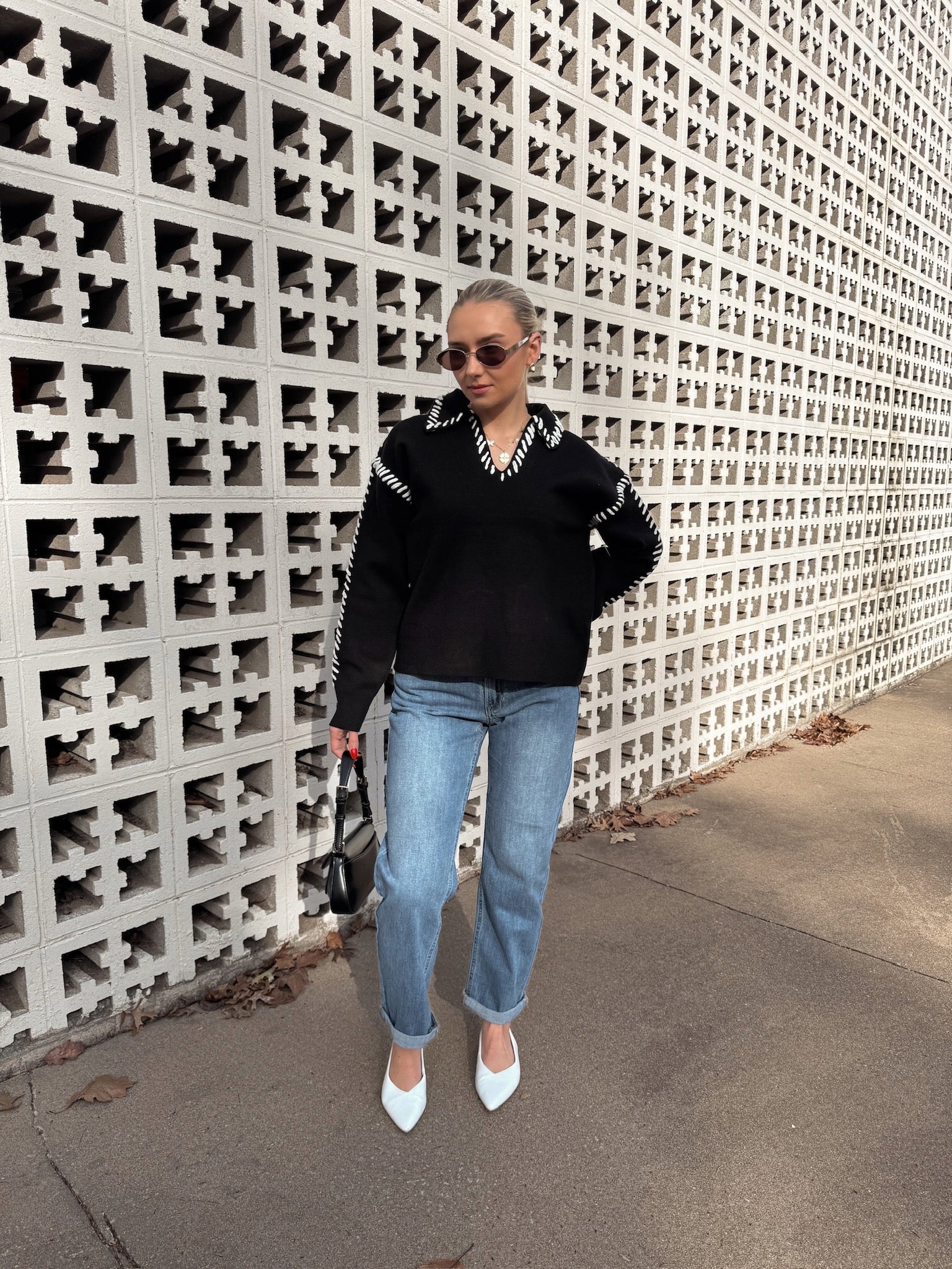 English Factory Stitch Detail Knit Collar Top