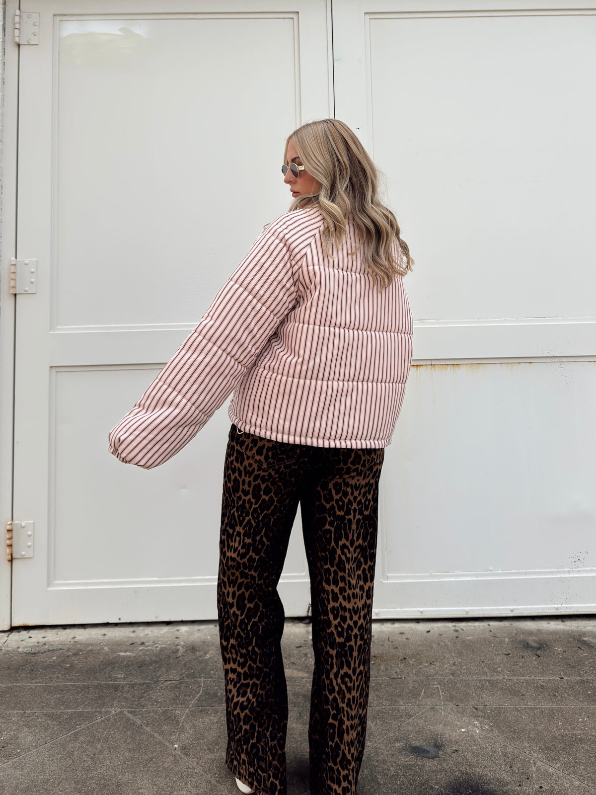 Brown and Blush Striped Puffer Jacket