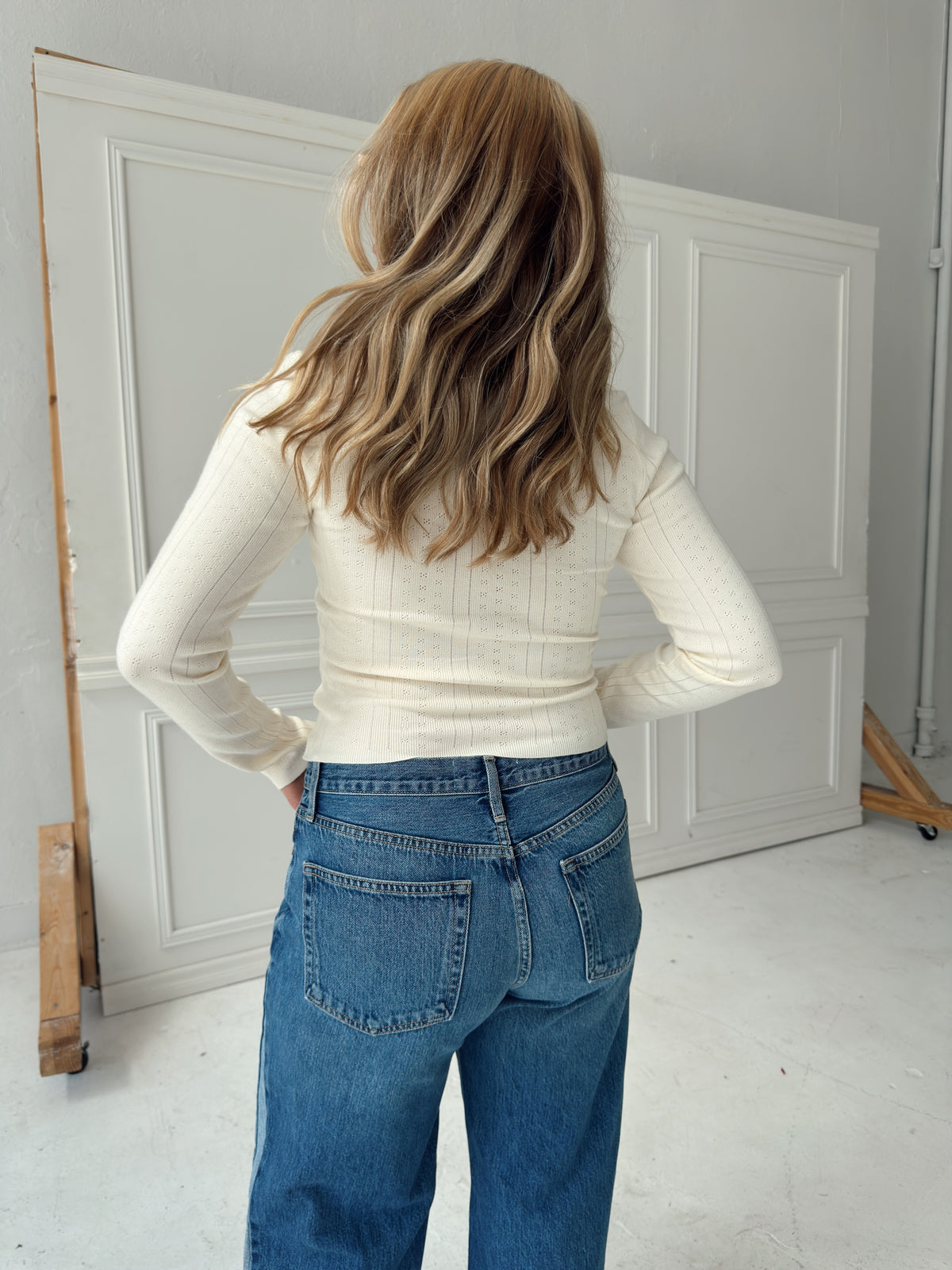 Presley Pointelle Rib Knit Sweater - Ivory