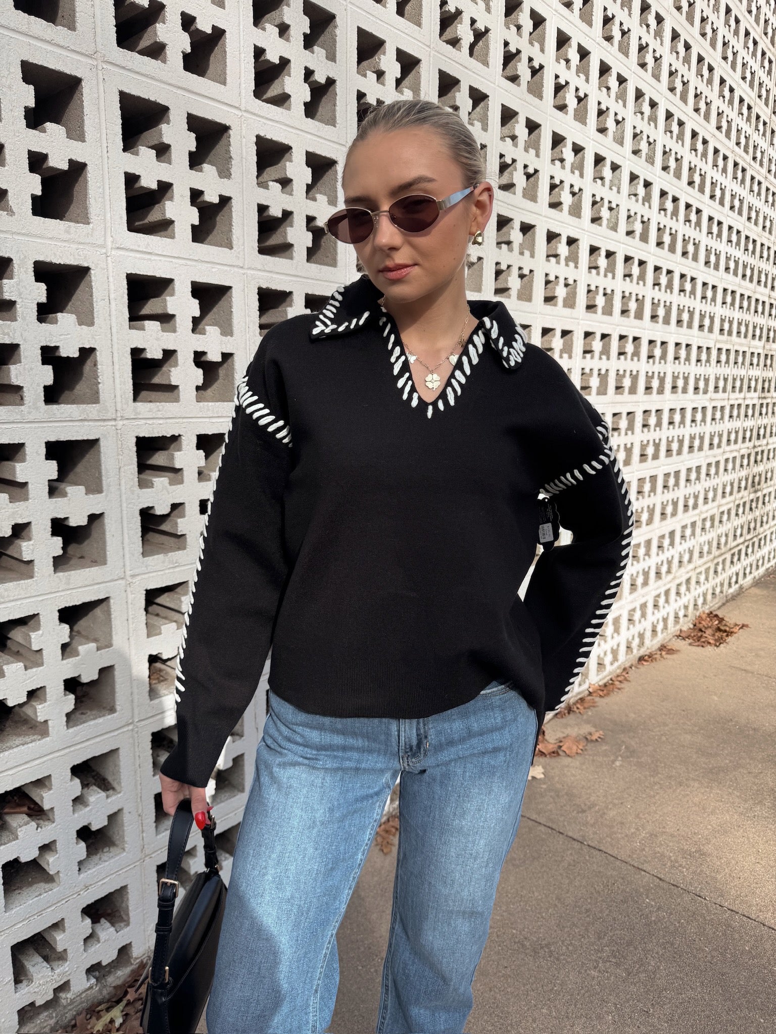 English Factory Stitch Detail Knit Collar Top