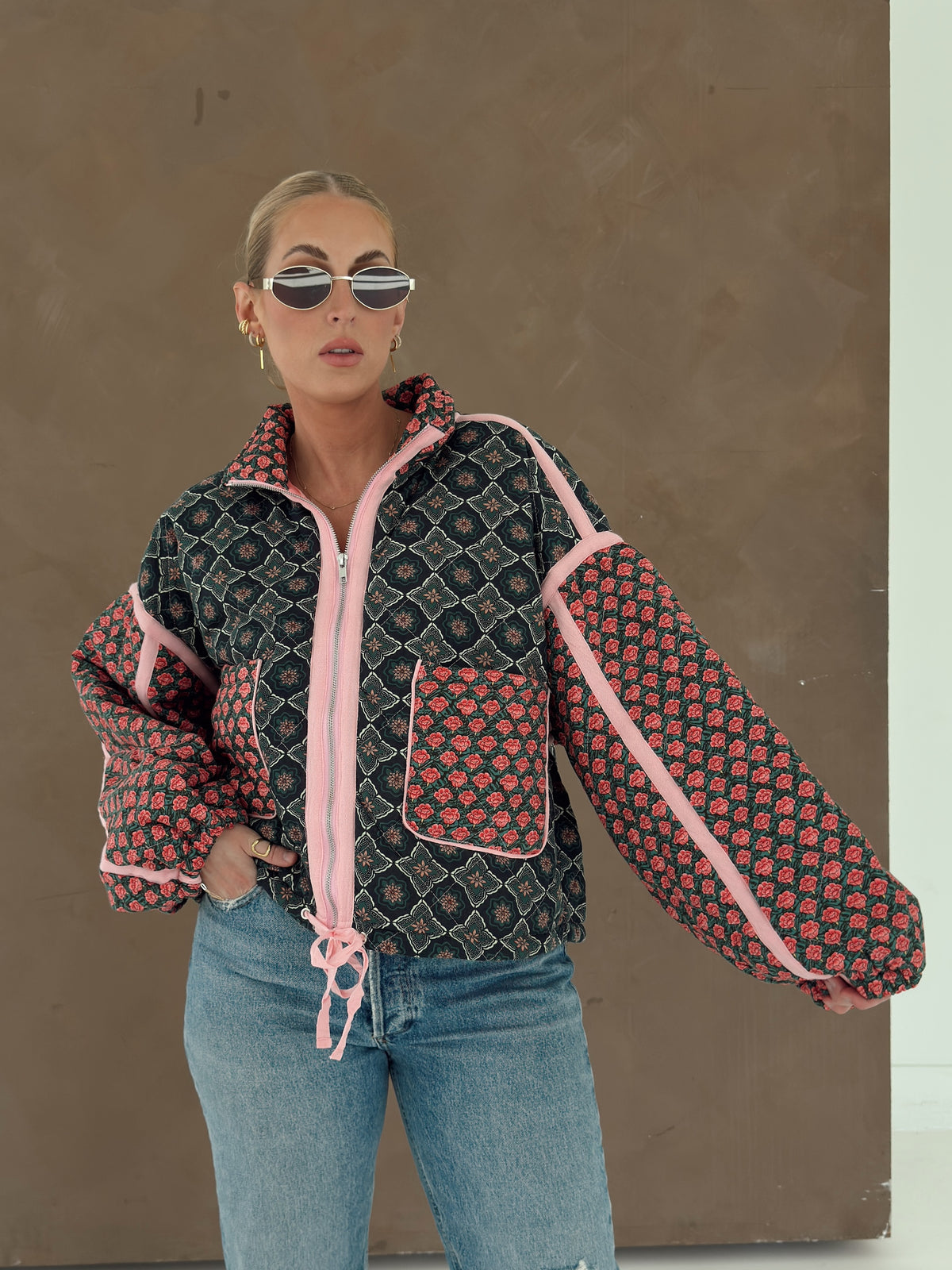 Quinn Quilted Bomber Jacket in Rose Garden