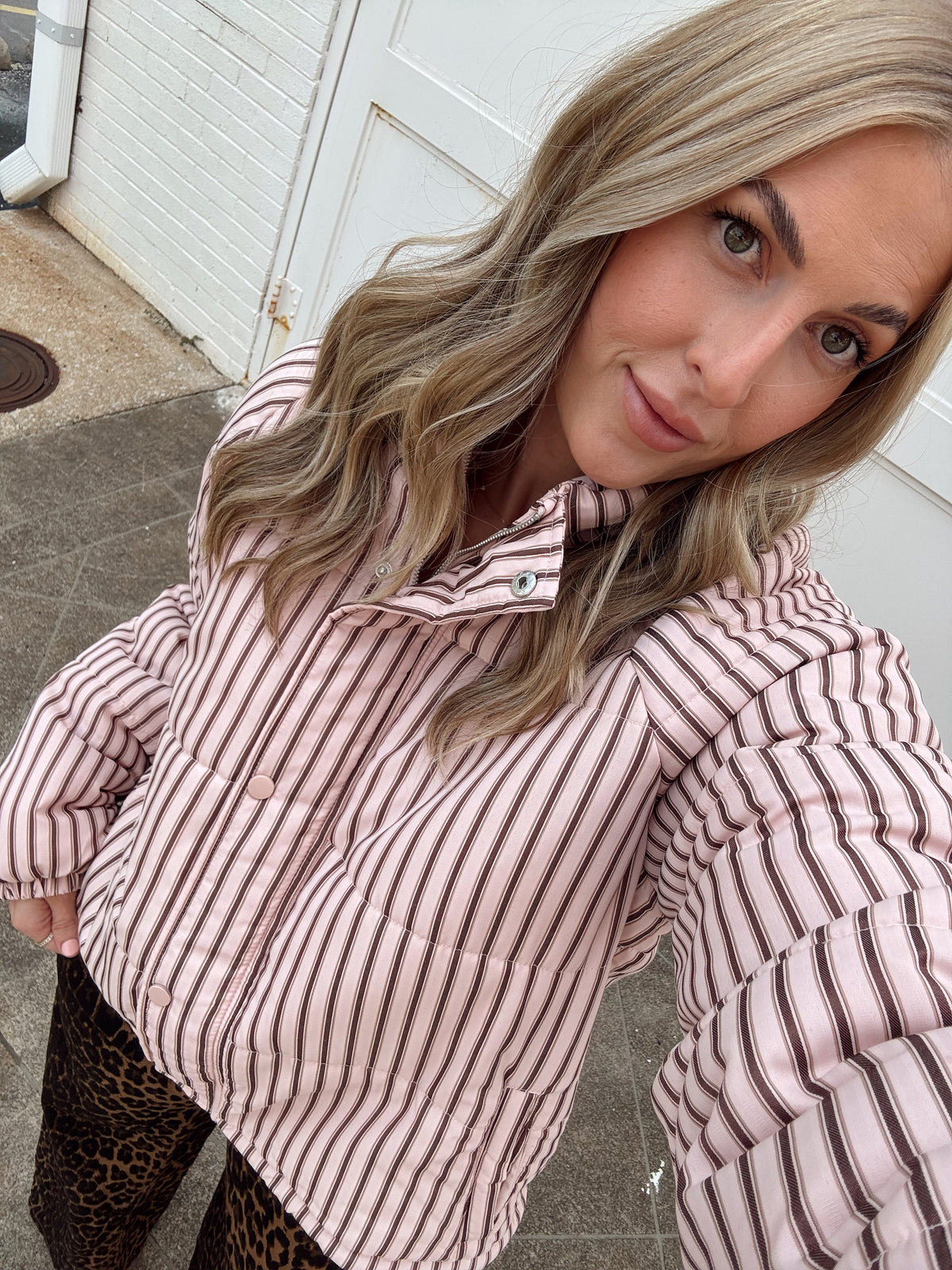Brown and Blush Striped Puffer Jacket