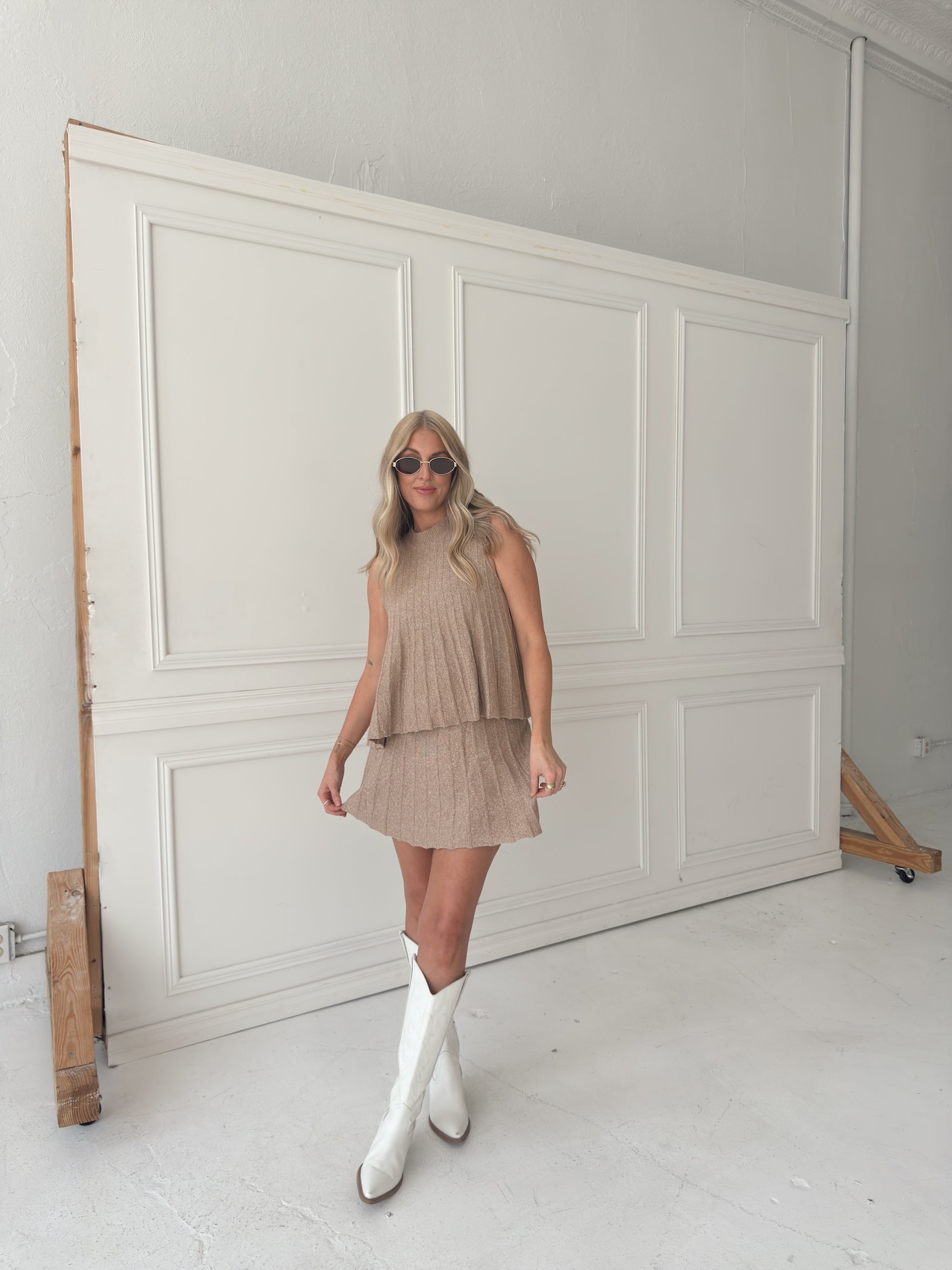 Rylan Ribbed Sweater A-line Mini Skirt With Flared Hem - Mocha