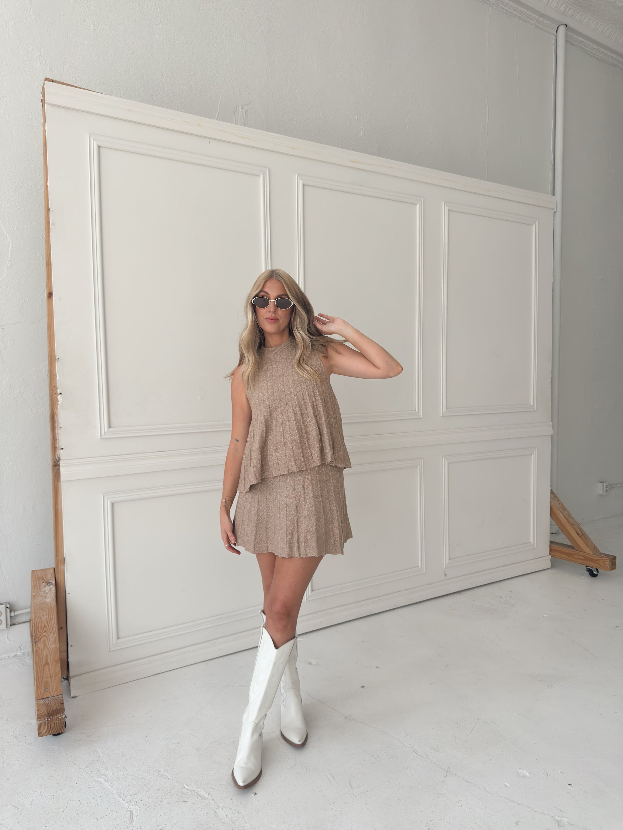 Rylan Ribbed Sweater A-line Mini Skirt With Flared Hem - Mocha