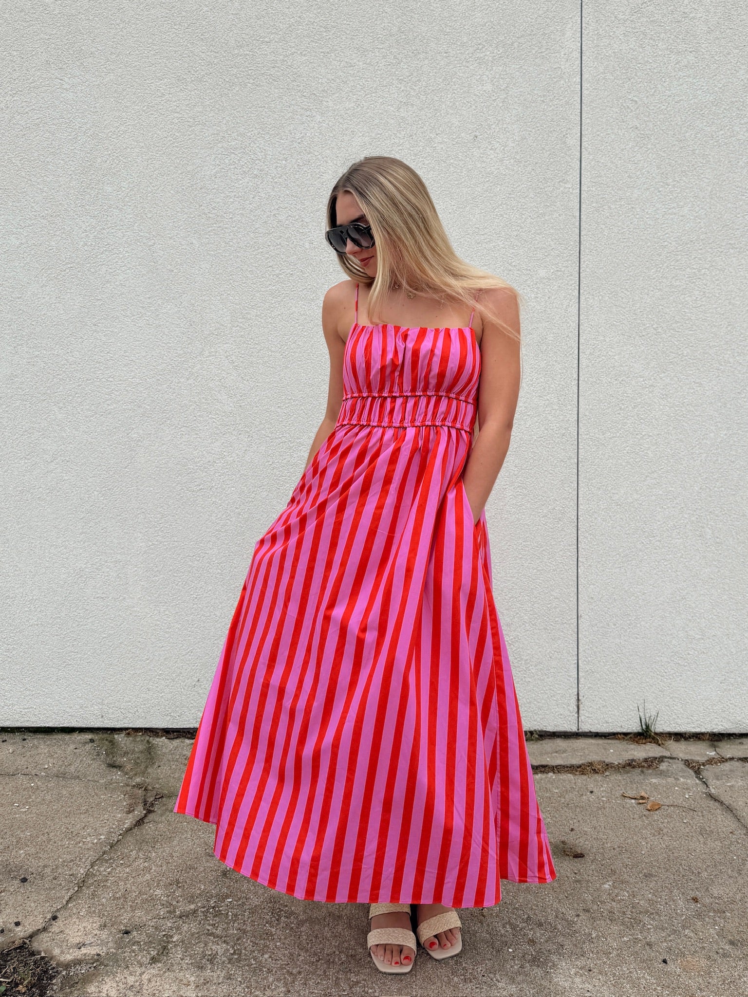 English Factory Striped Smocked Waist Midi Dress - Pink/Red