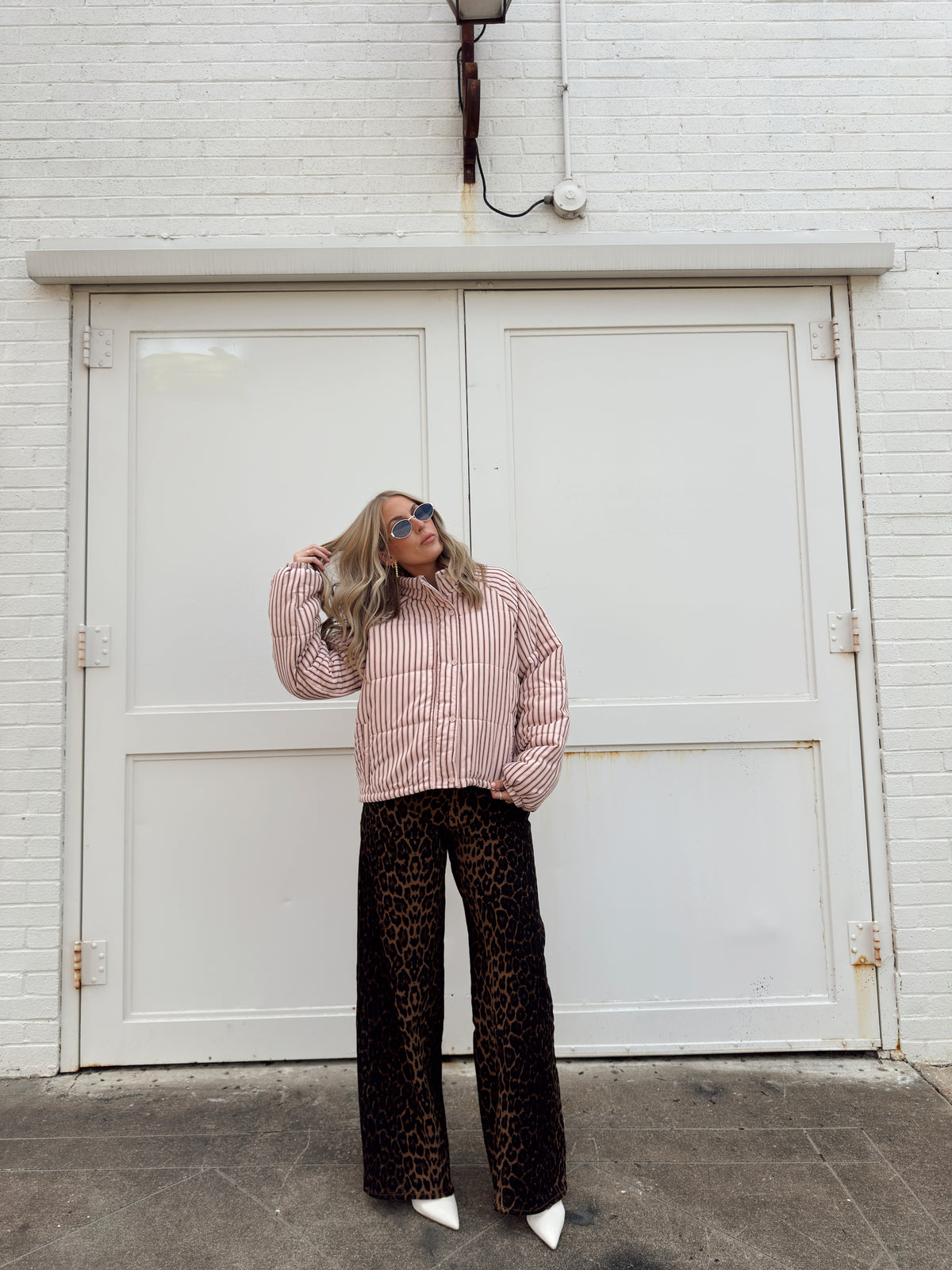 Brown and Blush Striped Puffer Jacket