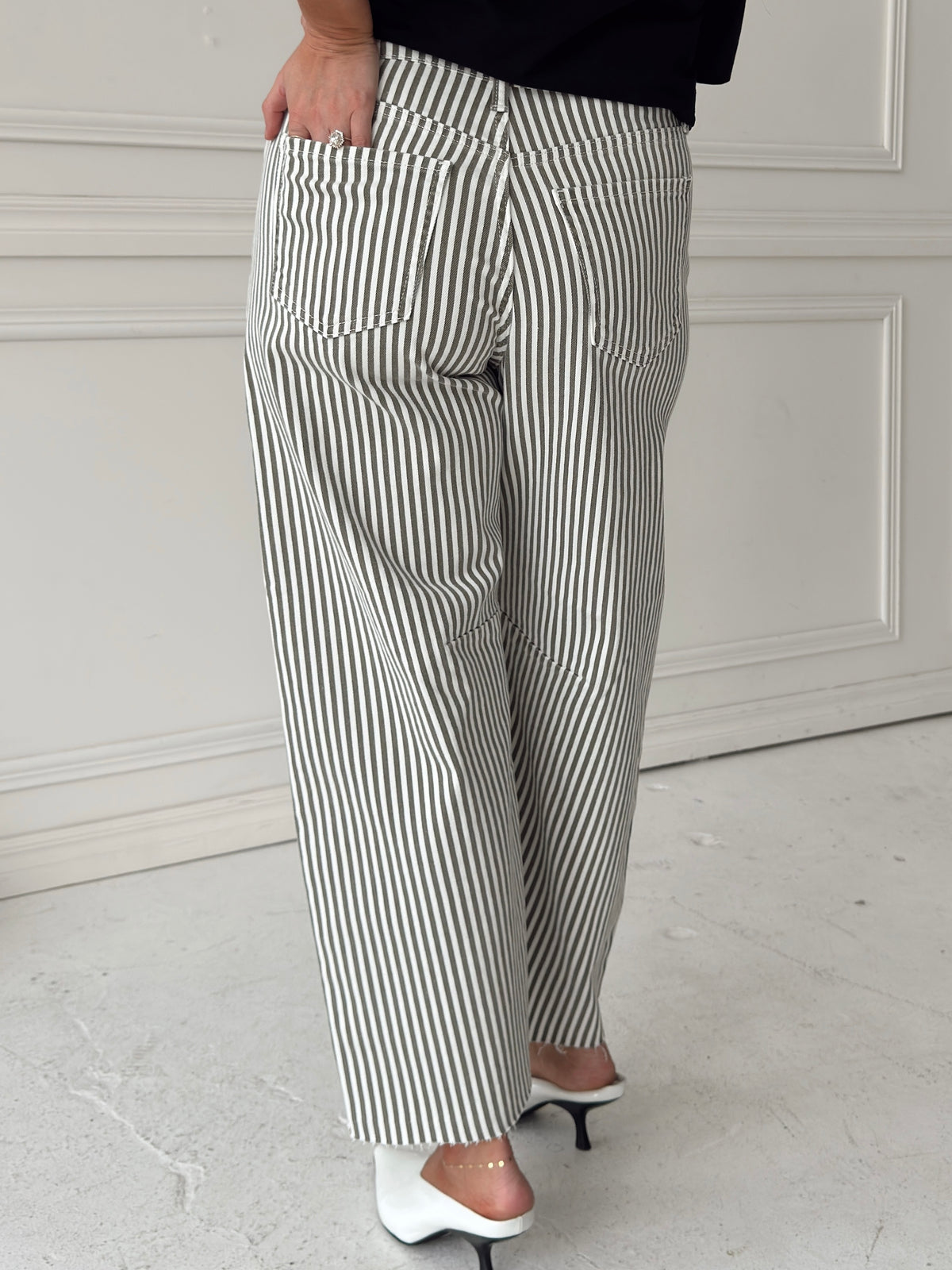 A person wearing wide-leg trousers with vertical olive and white stripes, paired with white heeled sandals, standing against a white paneled wall.