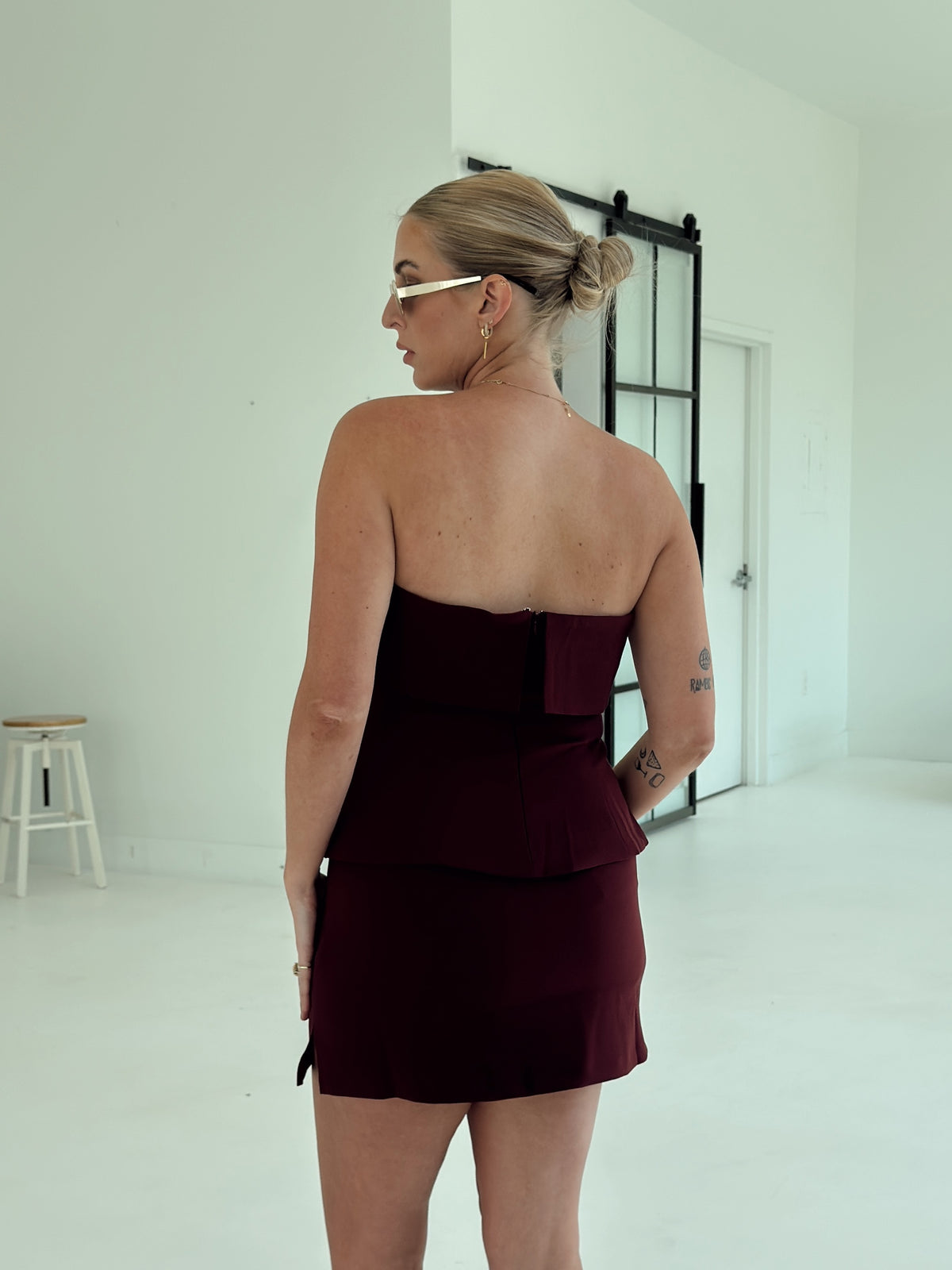 Crepe High Waist Mini Skort - Maroon