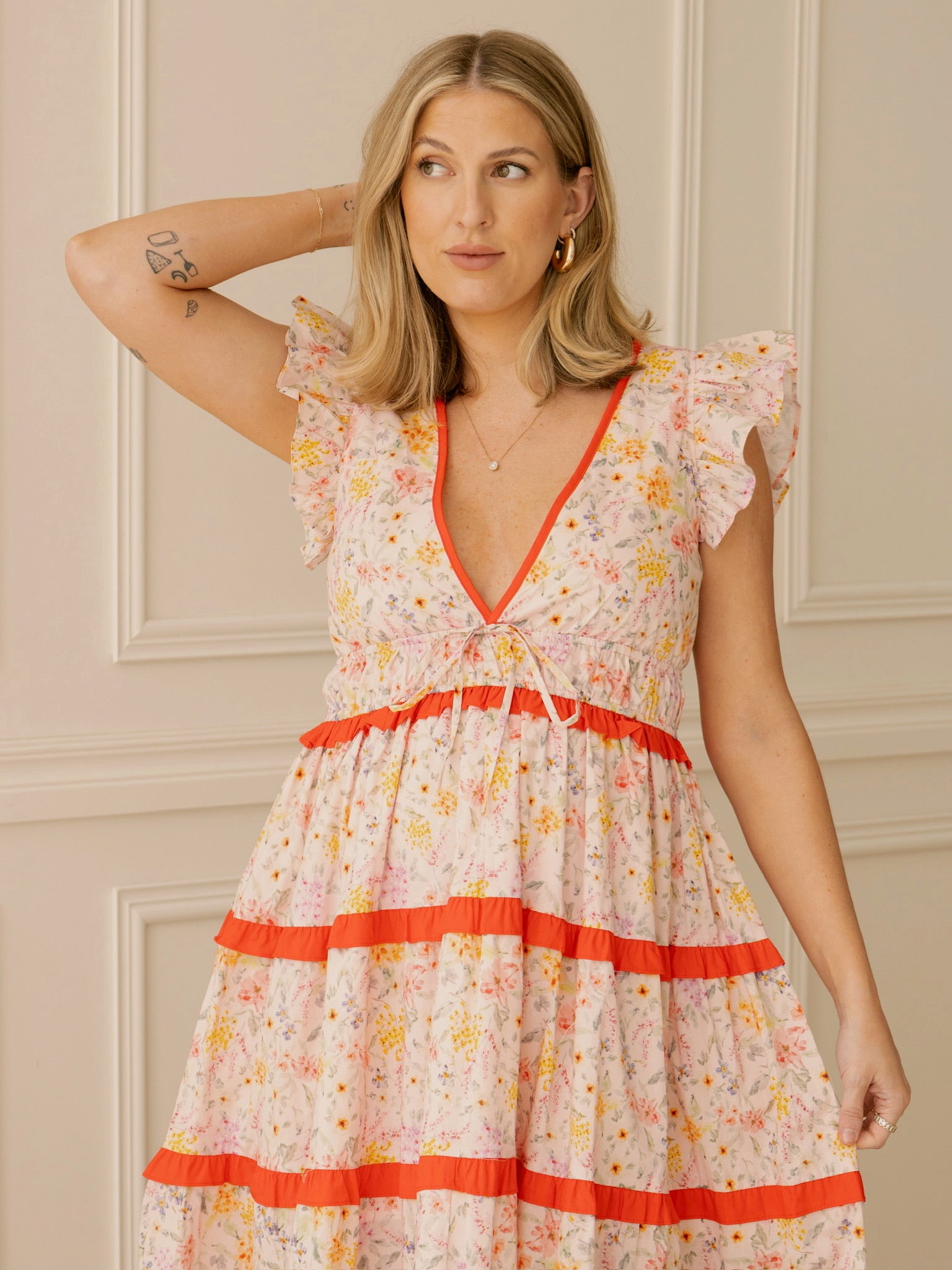 Pink Contrast Floral Midi Dress