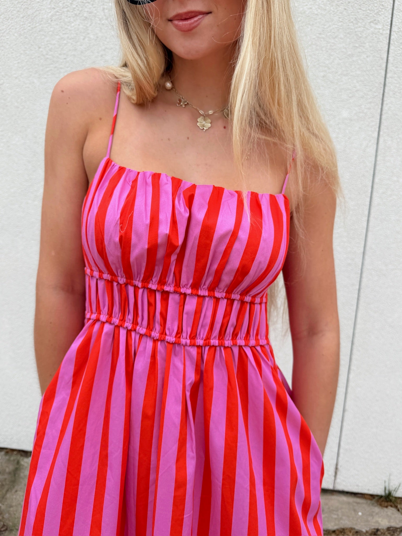 English Factory Striped Smocked Waist Midi Dress - Pink/Red