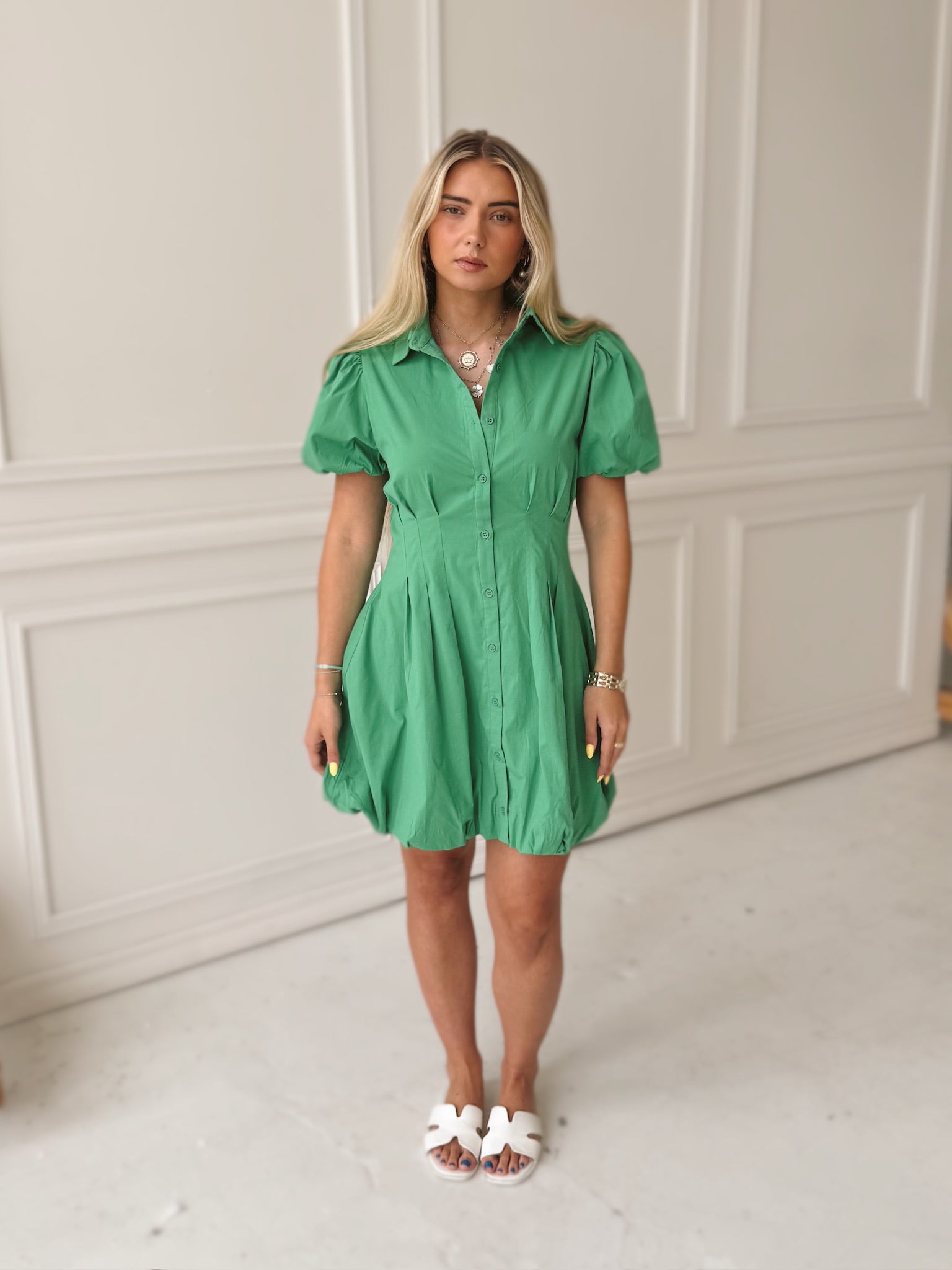 Piper Puff Sleeve Green Mini Dress