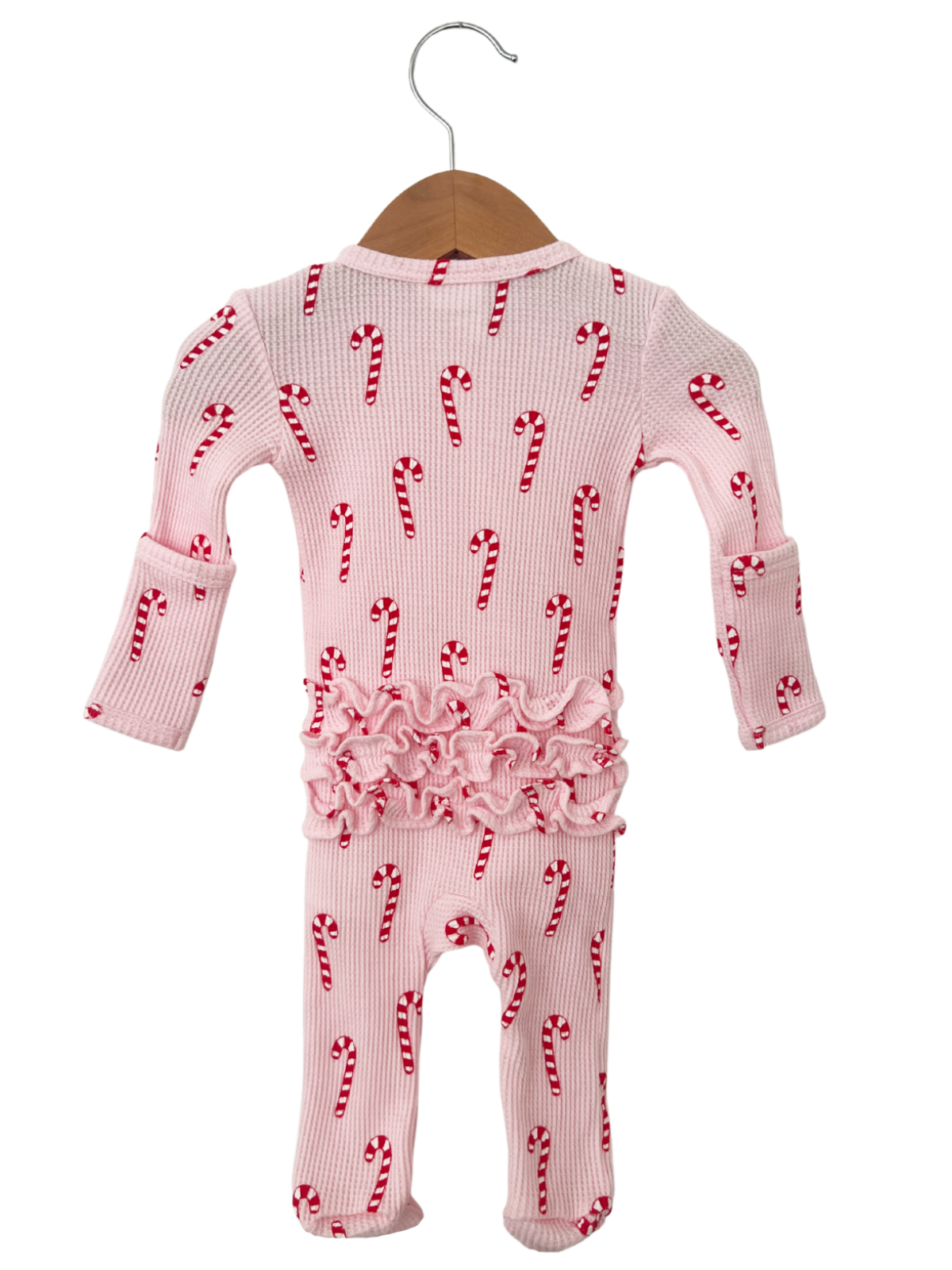Organic Waffle Ruffle Zip Footie Pink Candy Cane