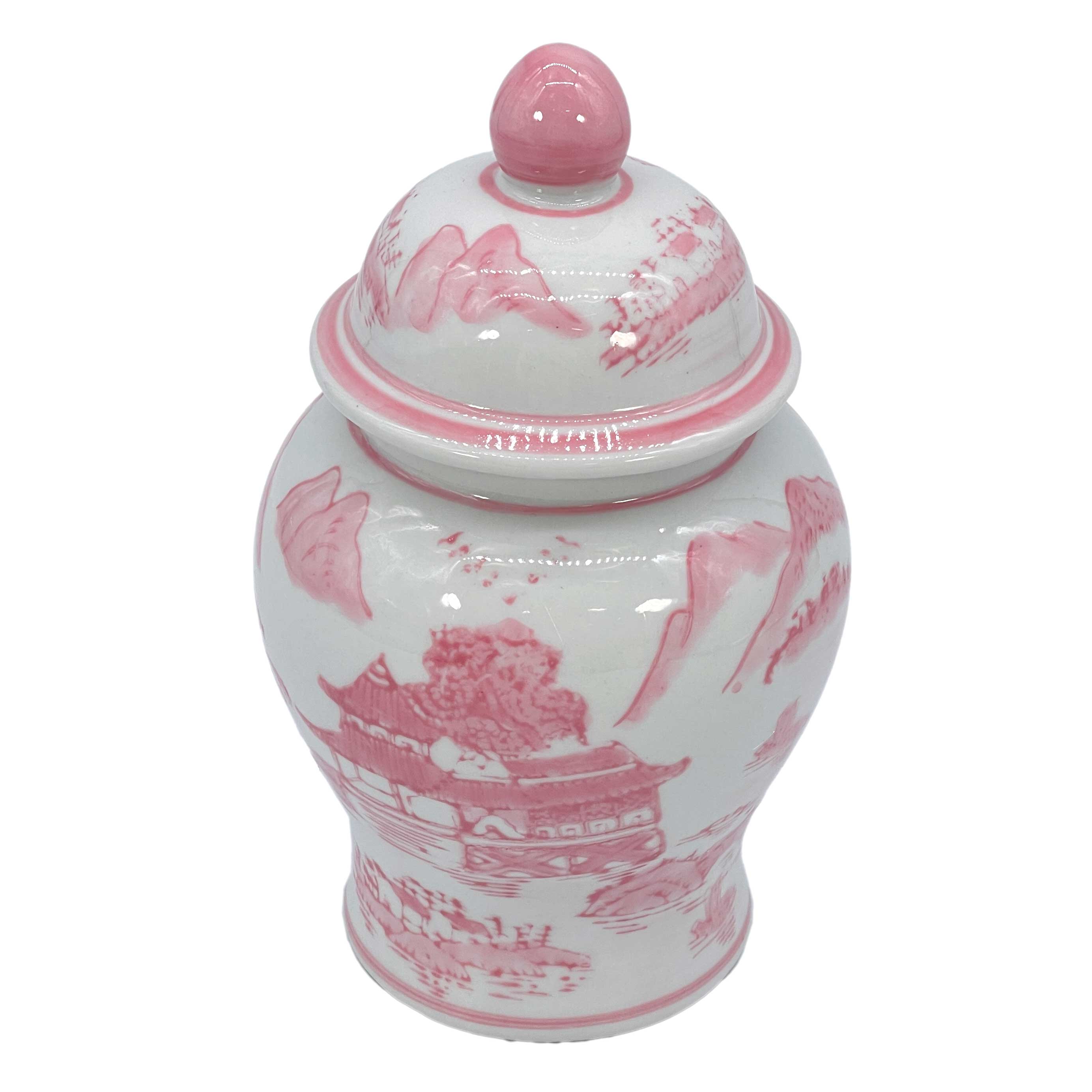 Small Chinoiserie Ceramic Decorative Tea & Ginger Jar 8": Pink 2