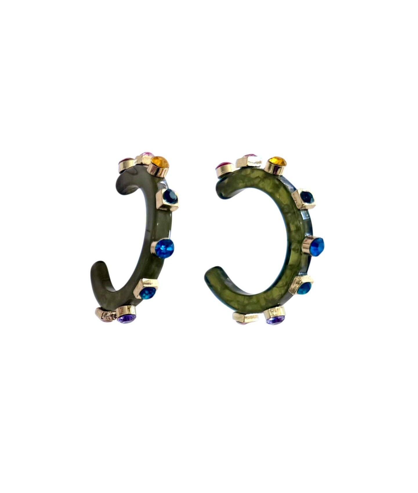 Pair of green hoop earrings with gold accents on a white background