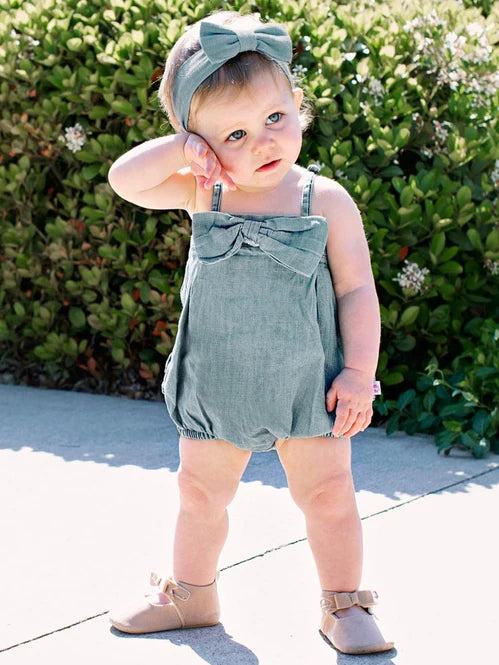 RuffleButts + RuggedButts Light Wash Bow Front Bubble Woven Romper
