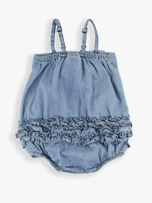 RuffleButts + RuggedButts Light Wash Bow Front Bubble Woven Romper