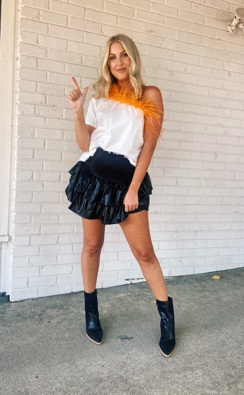 Queen of Sparkles White One Shoulder Orange Feather Tee