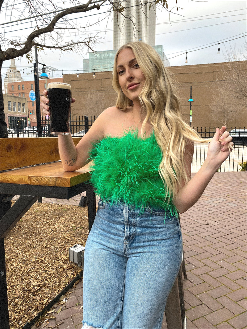 Buddylove Fancy Strapless Feather Crop Top - Green