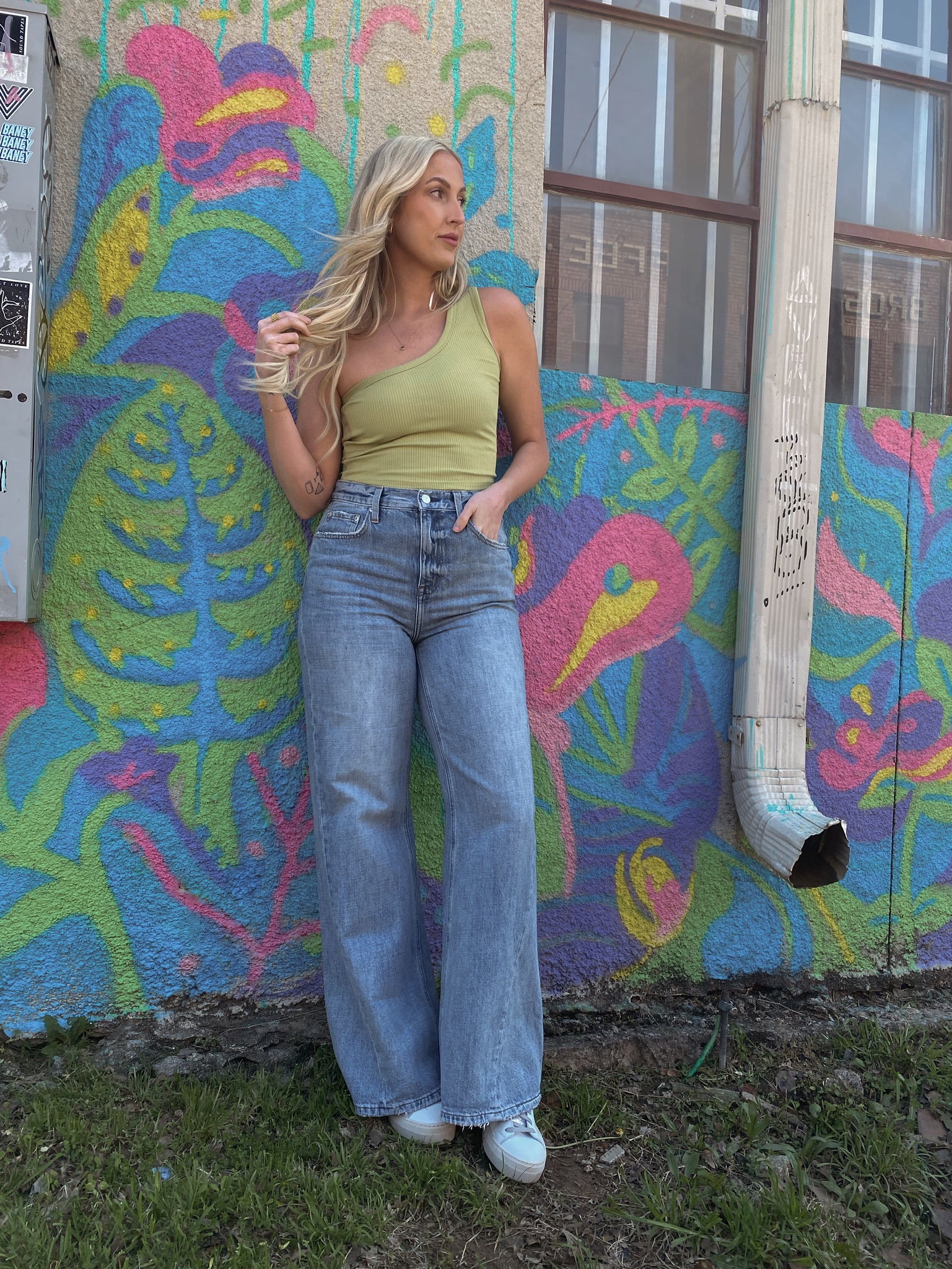 One Shoulder Crop - Pale Olive