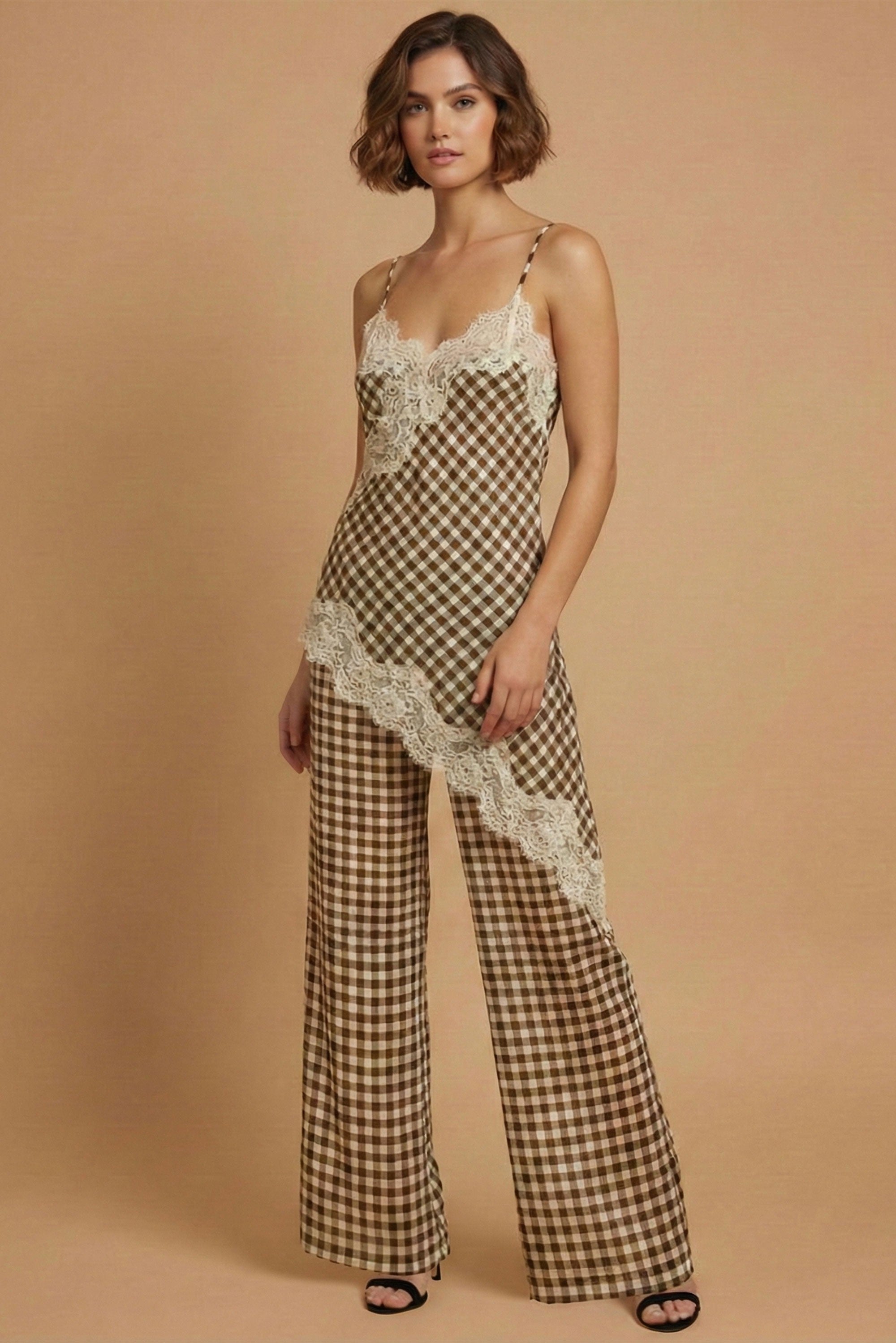 Pre-Order Georgia Gingham Lace Trim Set - Camel (eta 8/4)