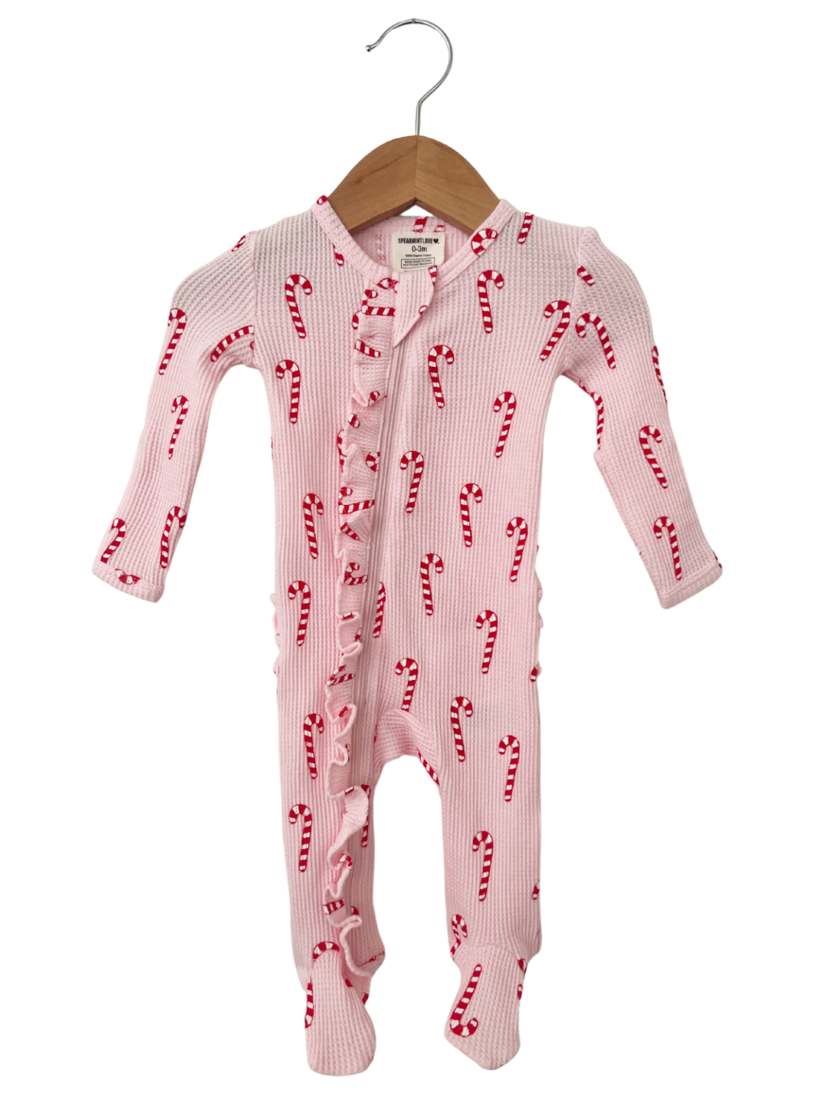 Organic Waffle Ruffle Zip Footie Pink Candy Cane