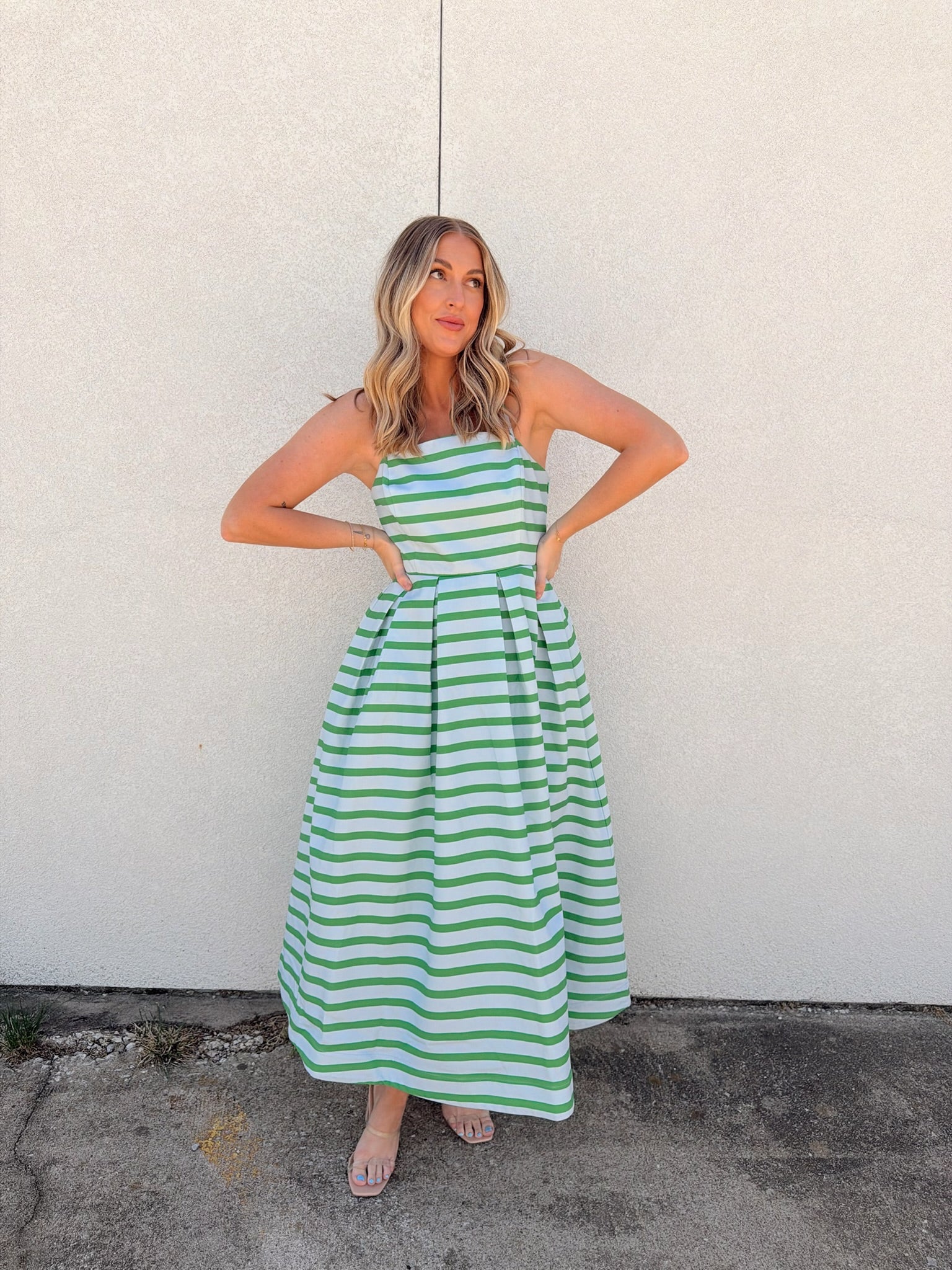 English Factory Striped Pleated Midi Dress