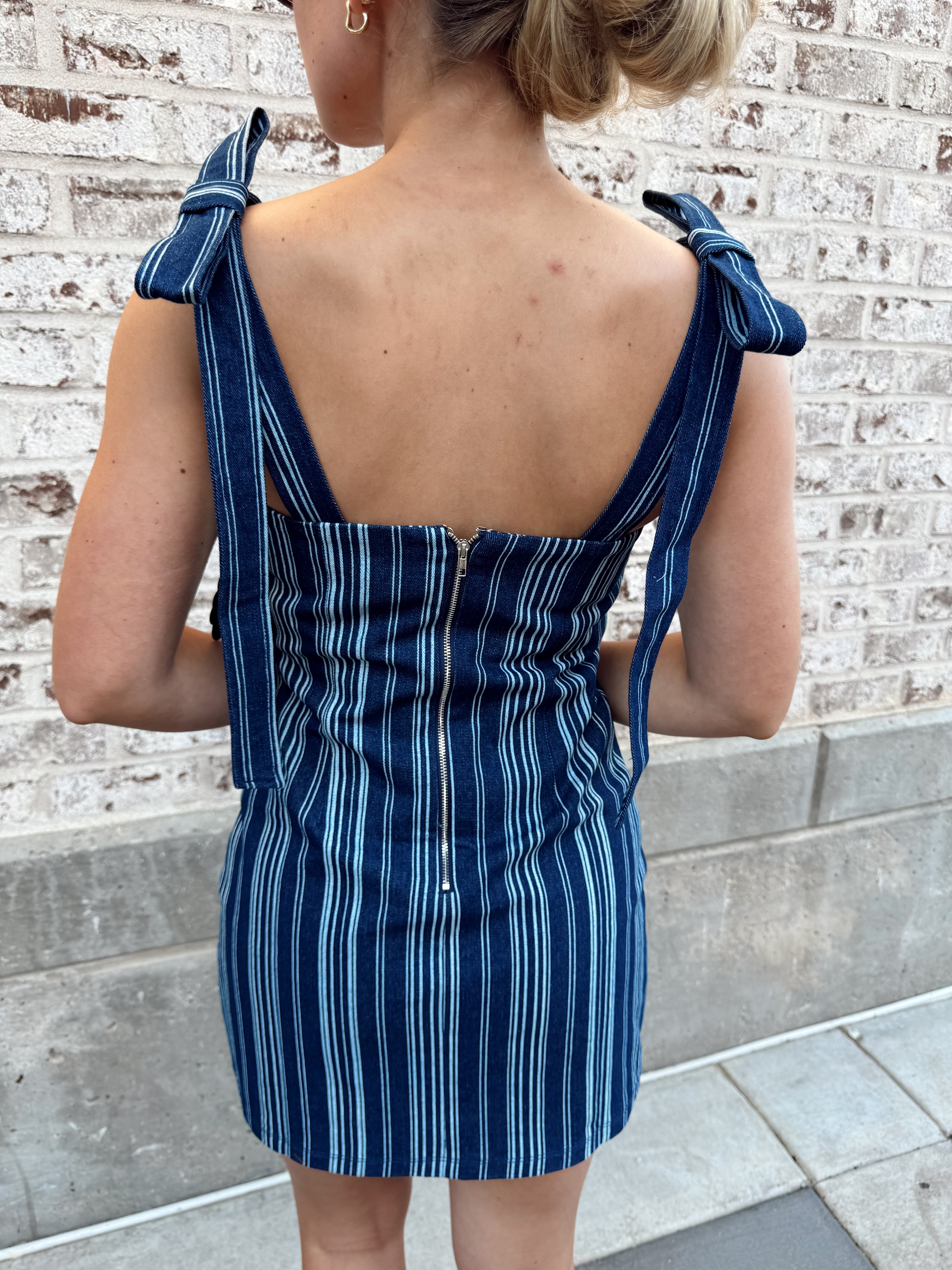 English Factory Denim Stripe Bow Shoulder Mini Dress