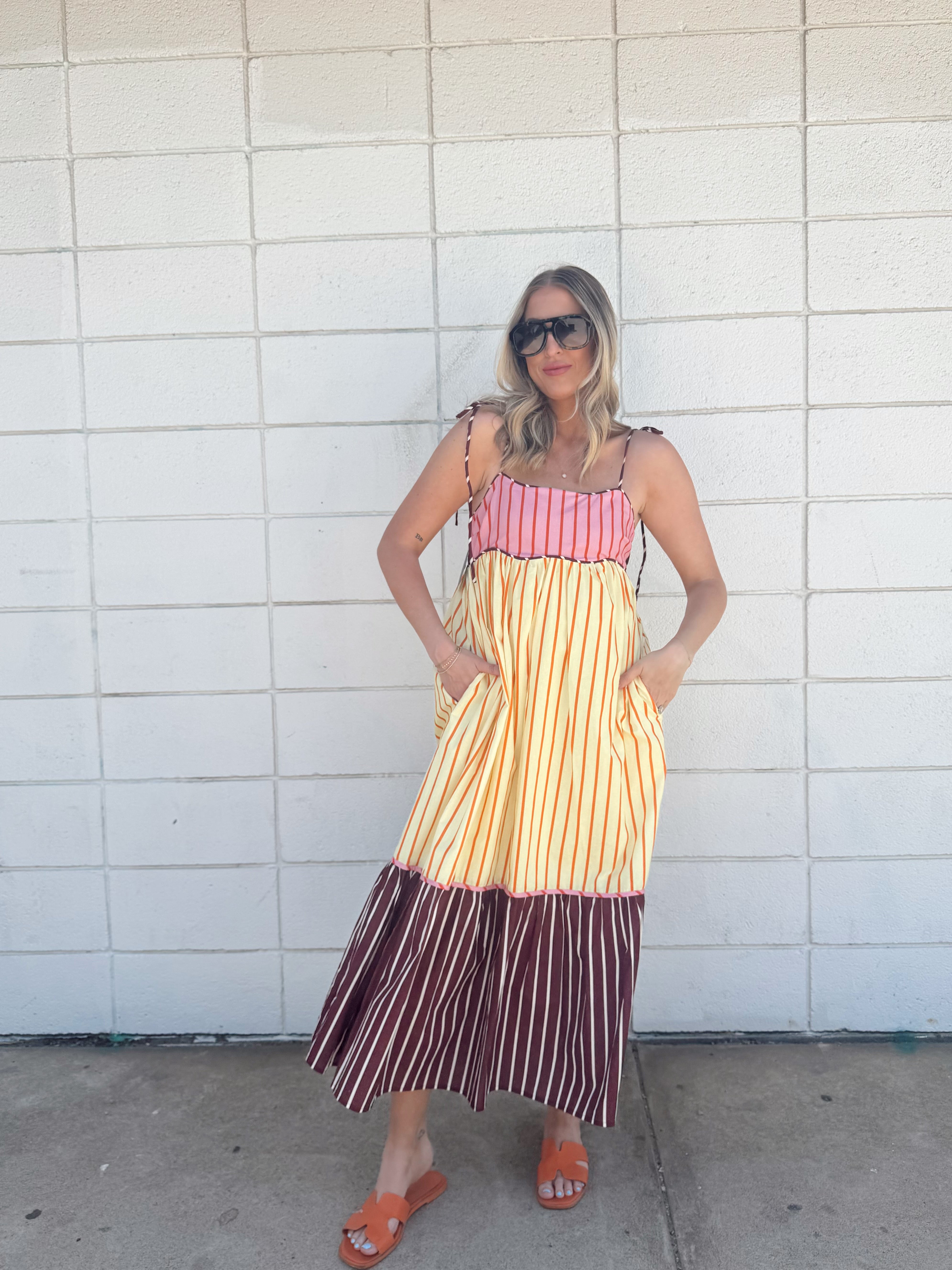 English Factory Colorblock Stripe Tie Midi Dress