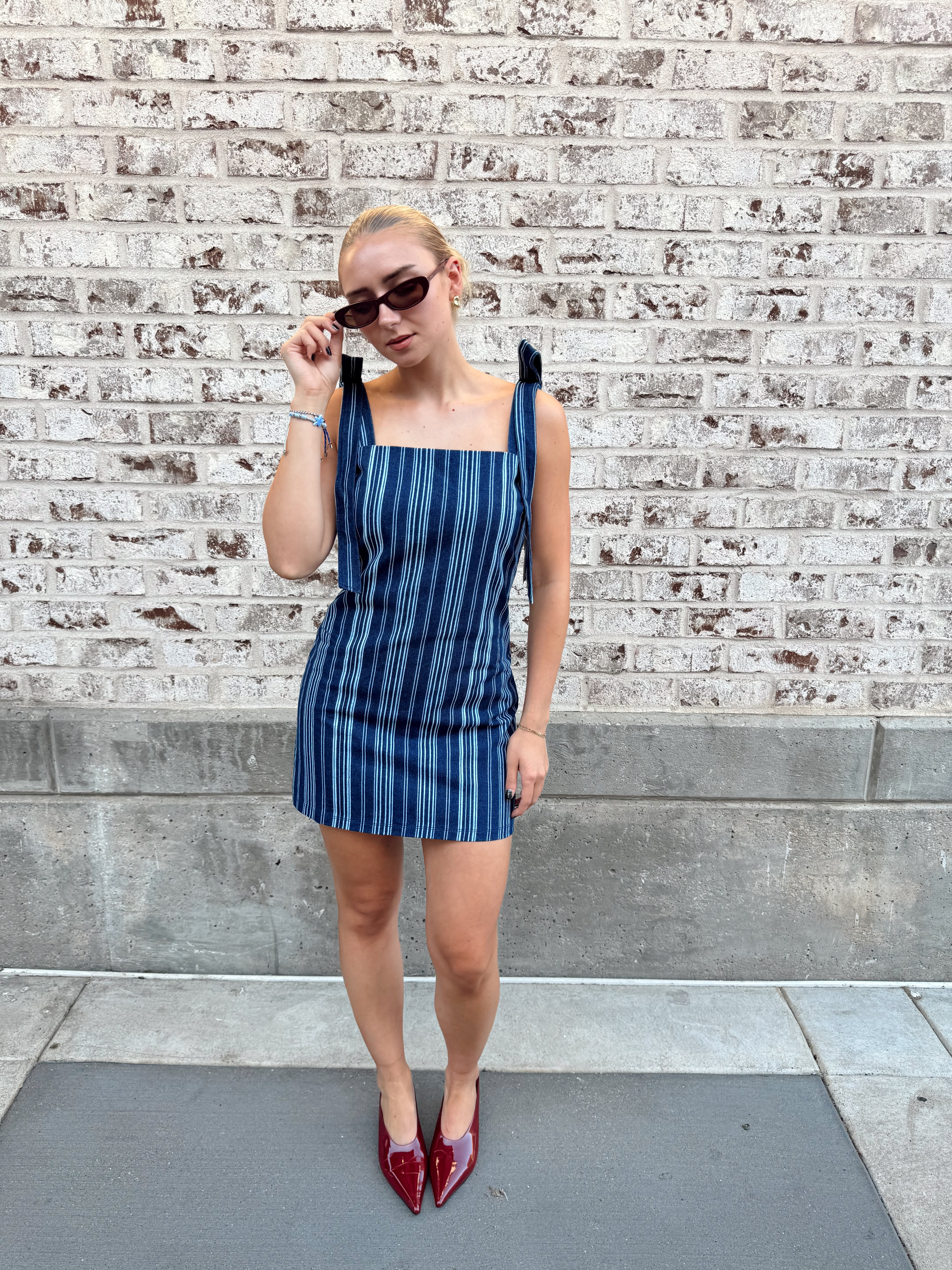 English Factory Denim Stripe Bow Shoulder Mini Dress