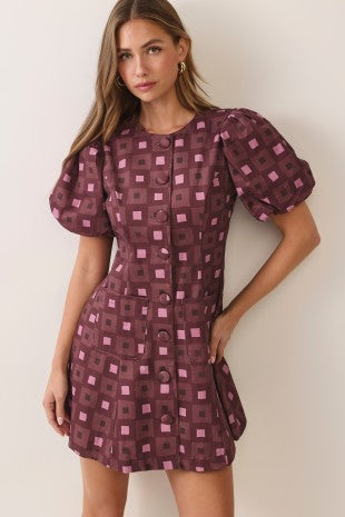 Betty Geometric Print Bubble Sleeve Dress