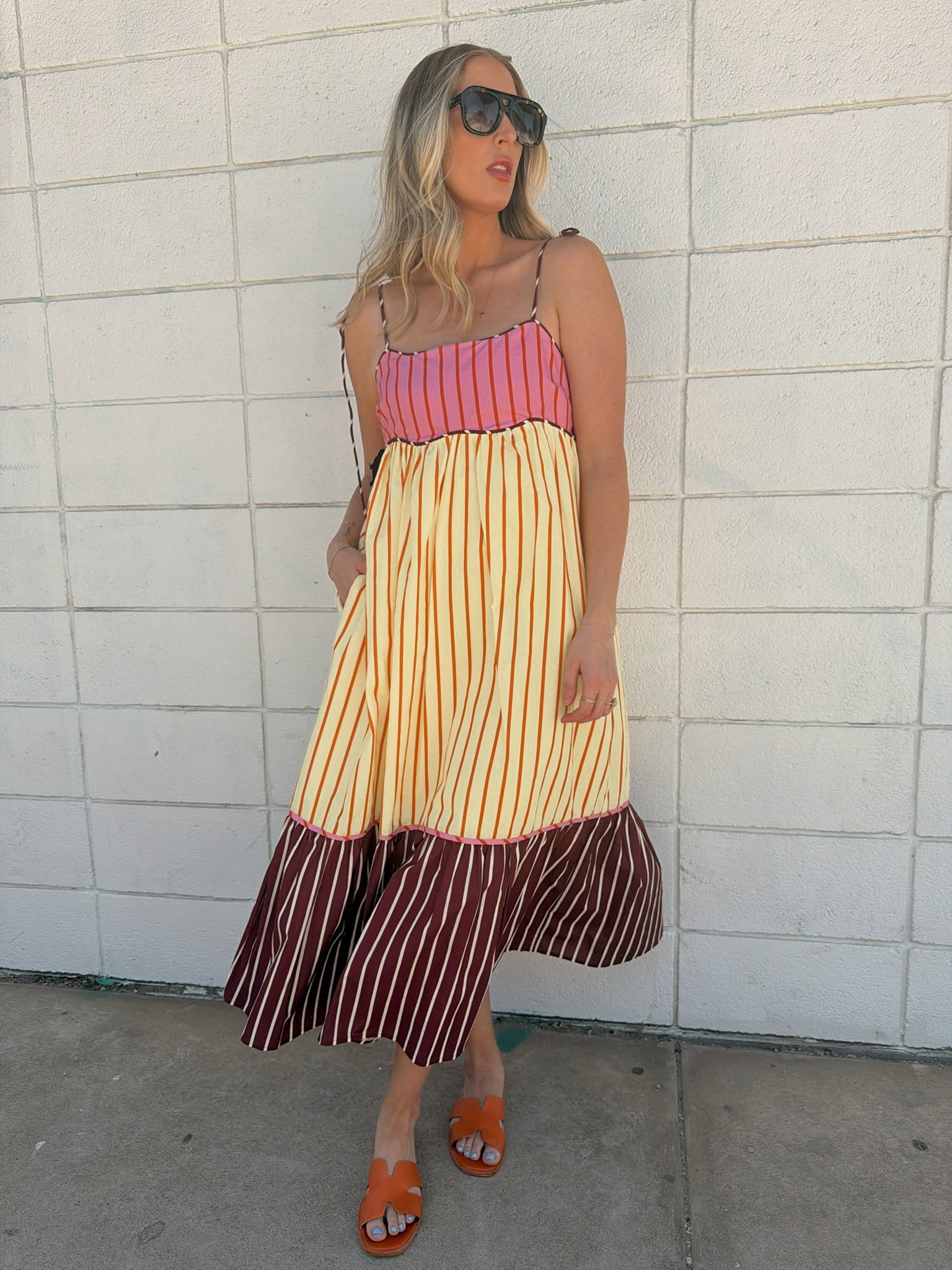 English Factory Colorblock Stripe Tie Midi Dress