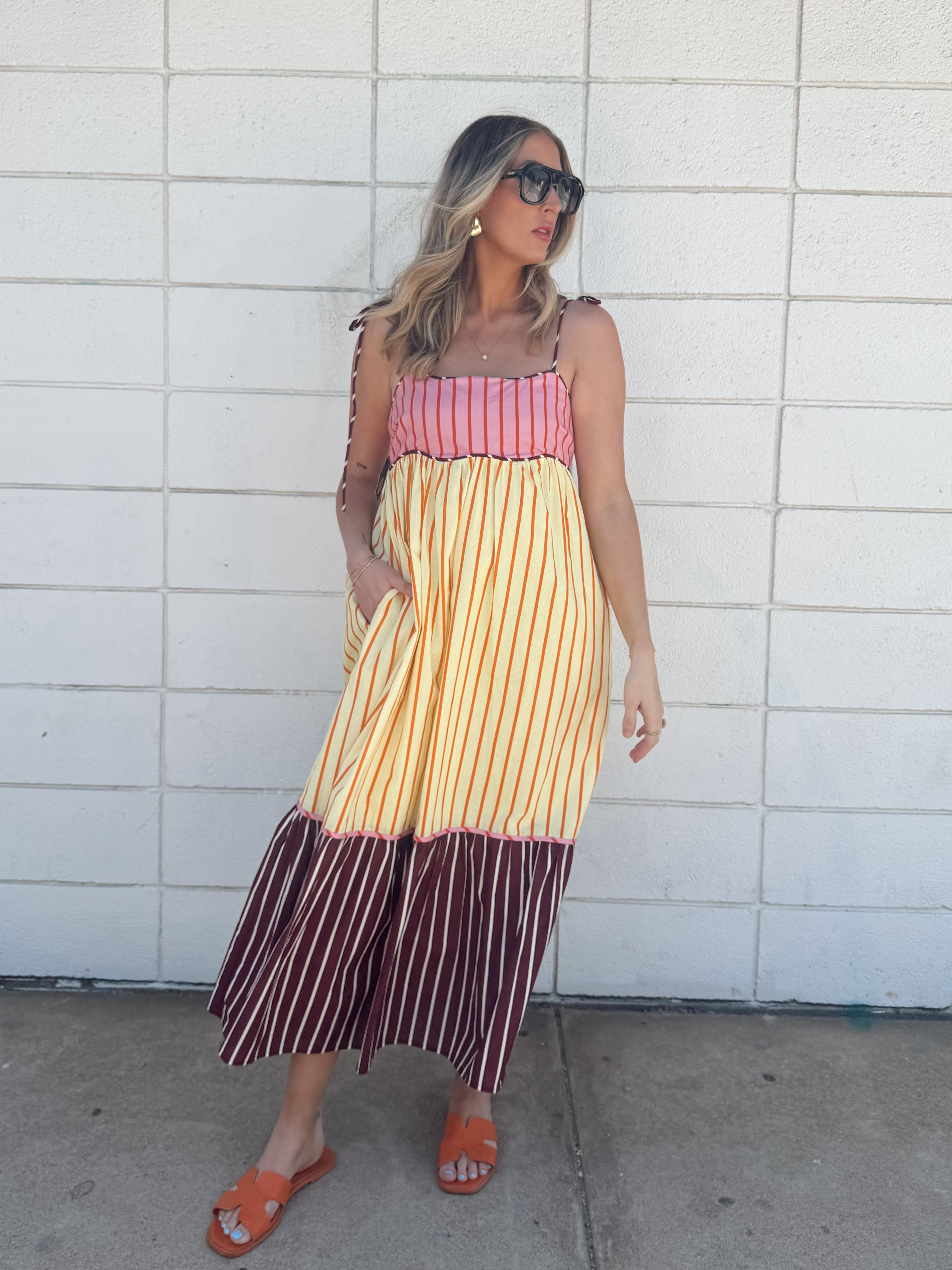 English Factory Colorblock Stripe Tie Midi Dress