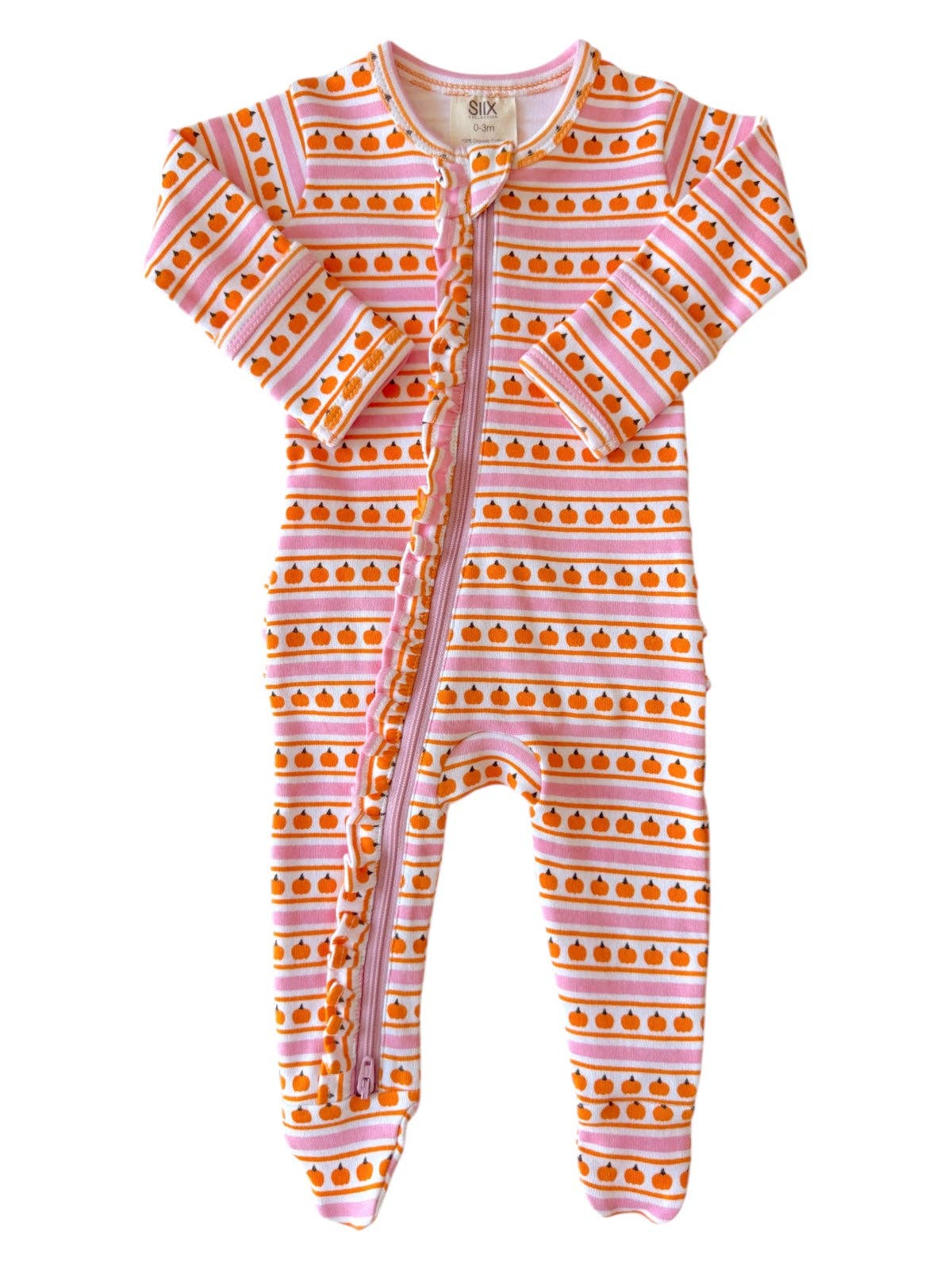 Pumpkin Stripe Pink Organic Frill Zip Footie