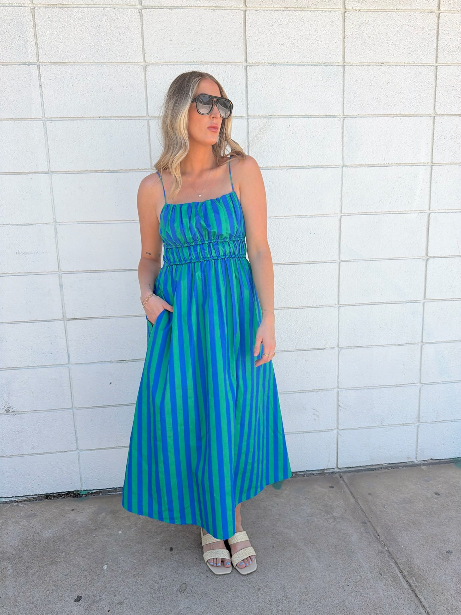 English Factory Striped Smocked Waist Midi Dress