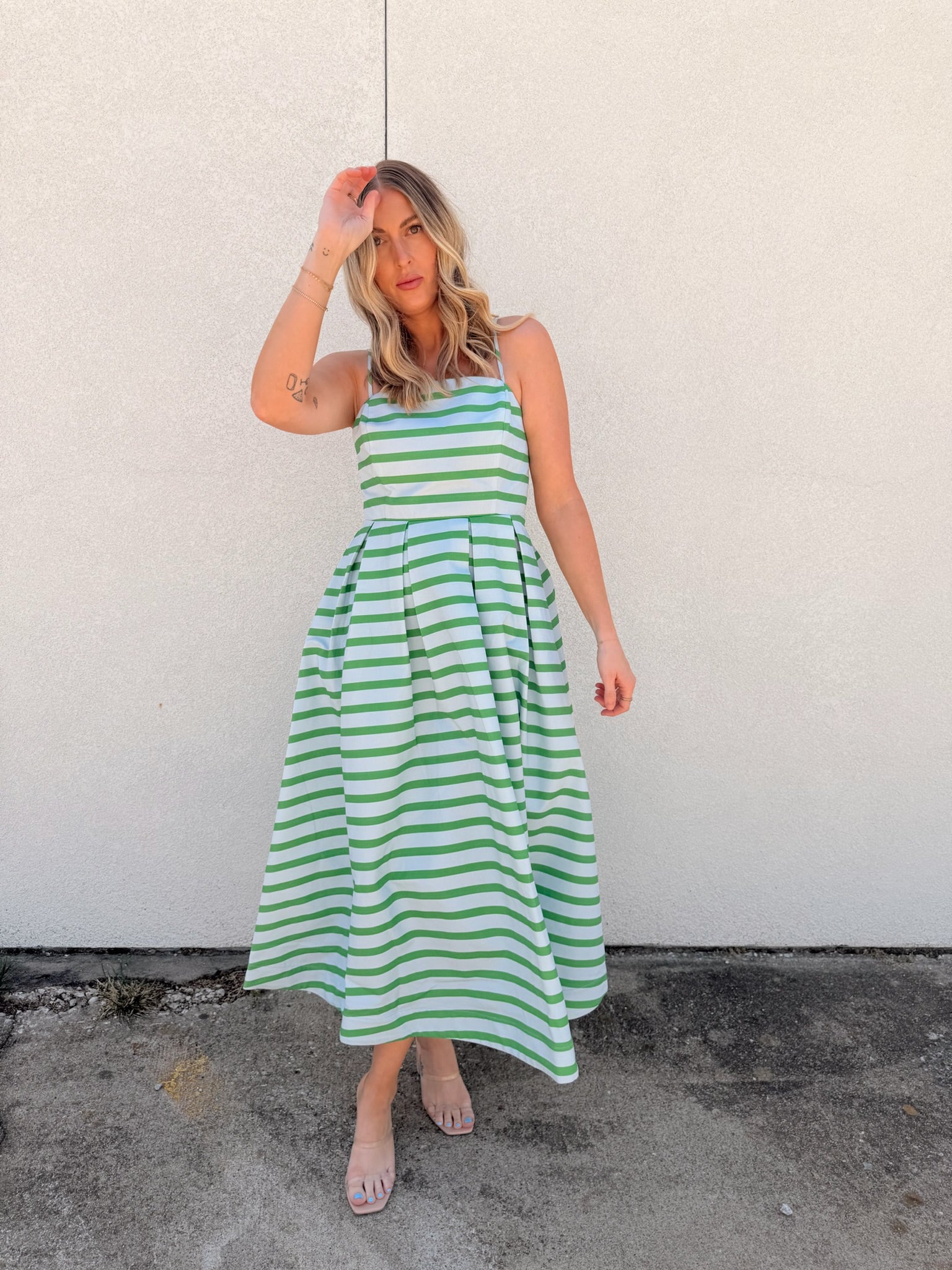 English Factory Striped Pleated Midi Dress