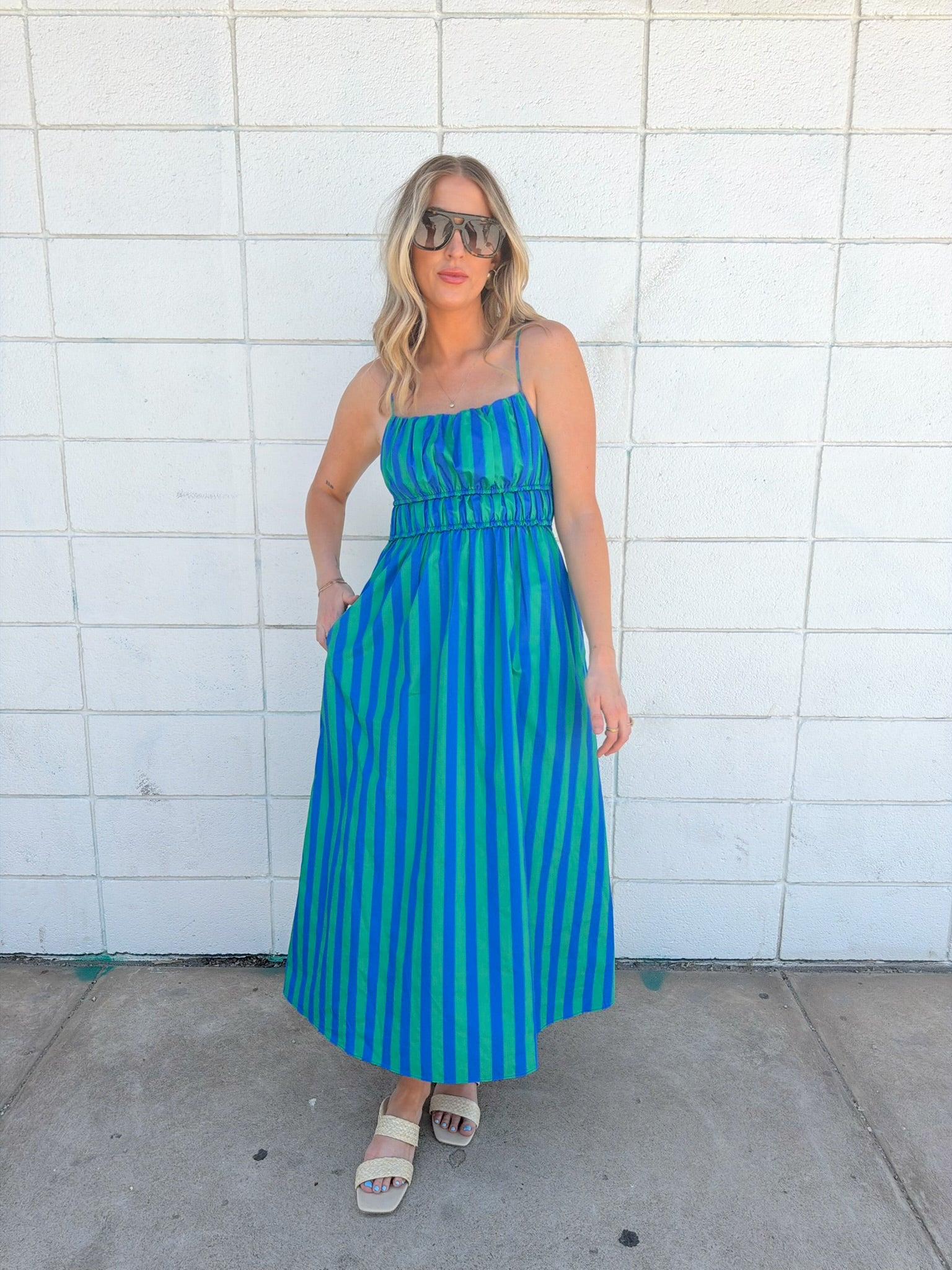 English Factory Striped Smocked Waist Midi Dress