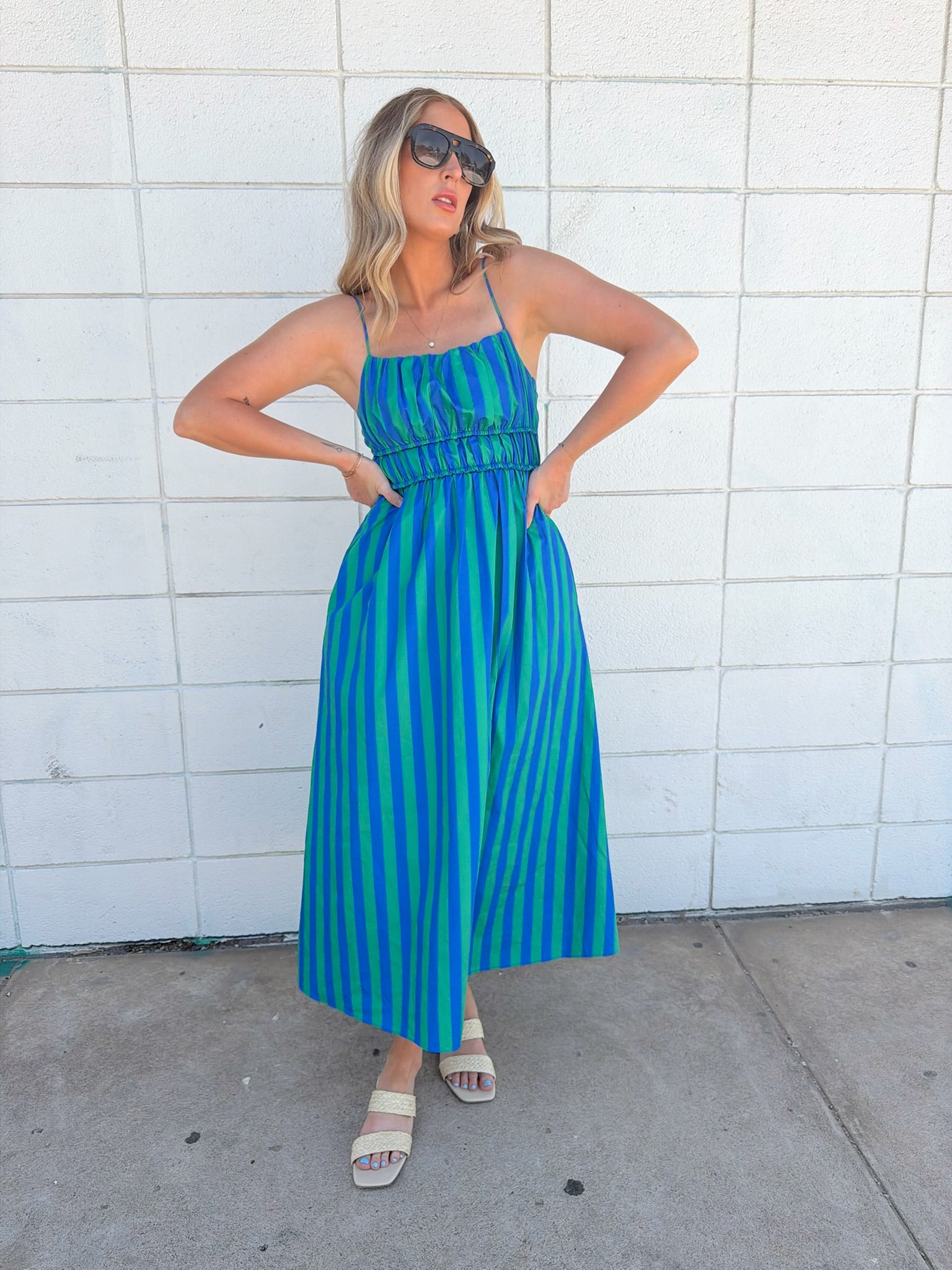 English Factory Striped Smocked Waist Midi Dress