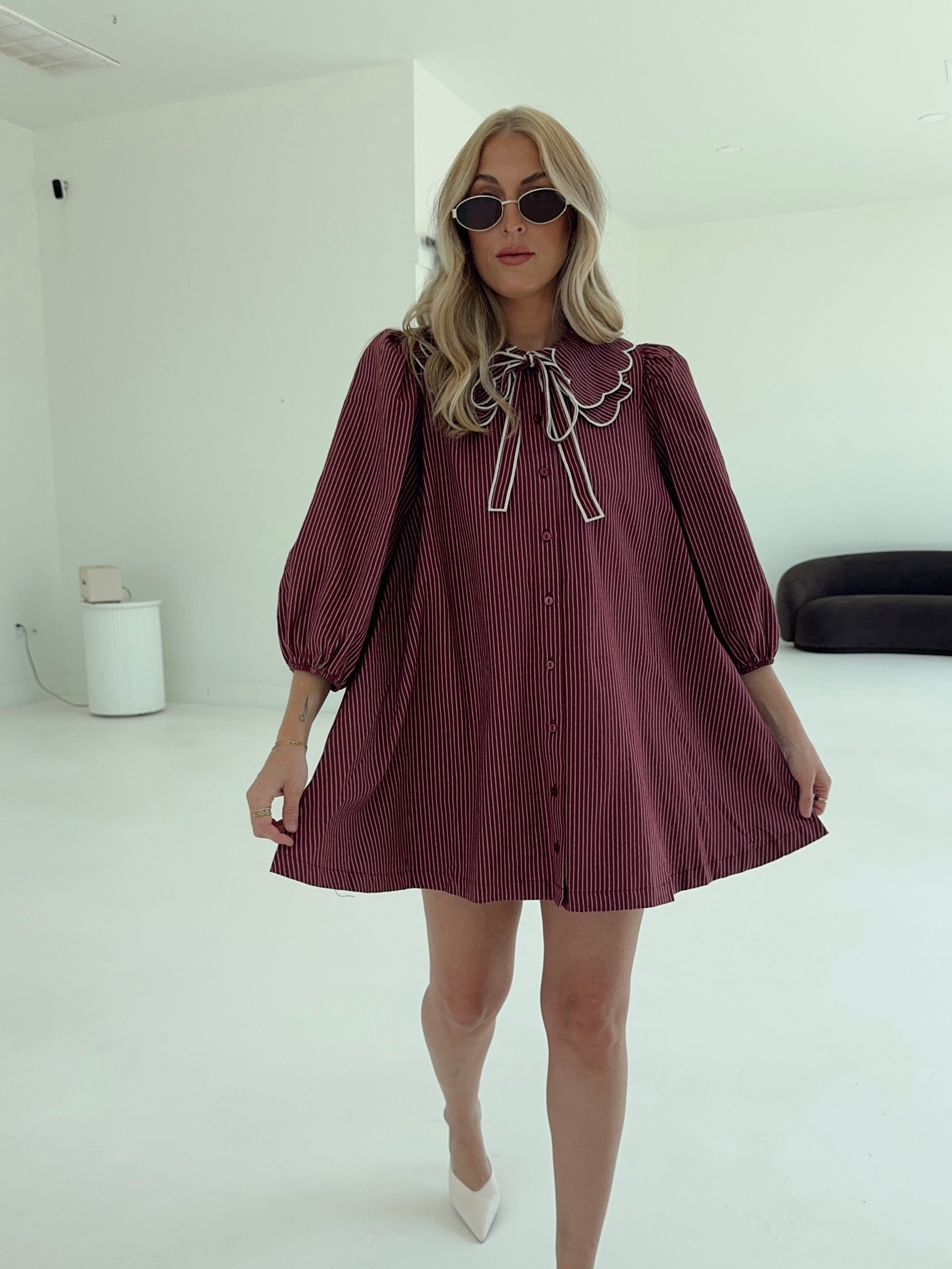 Saige Striped Scallop Collar Dress - Burgundy